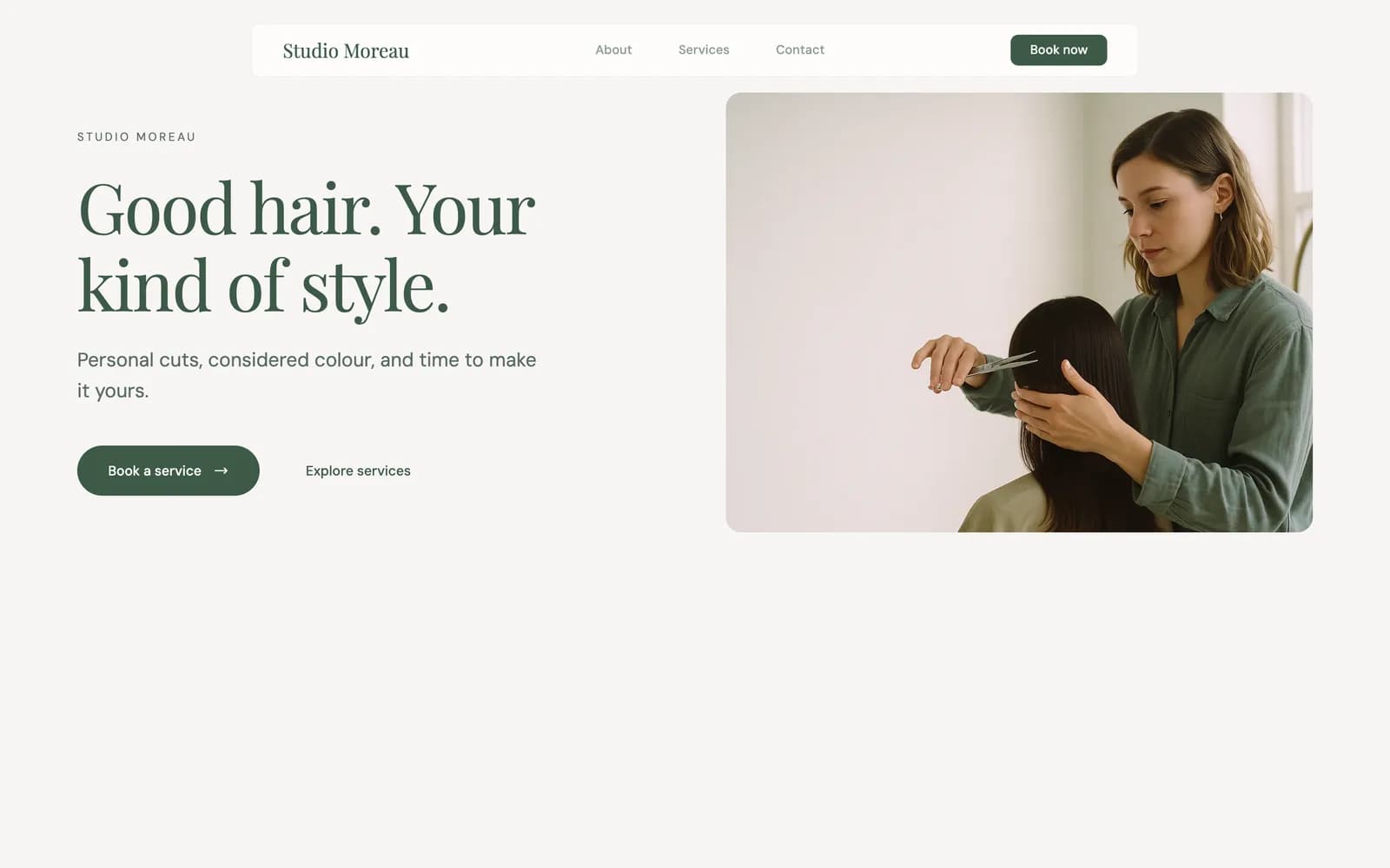 Studio Moreau sample website with relevant imagery and online booking