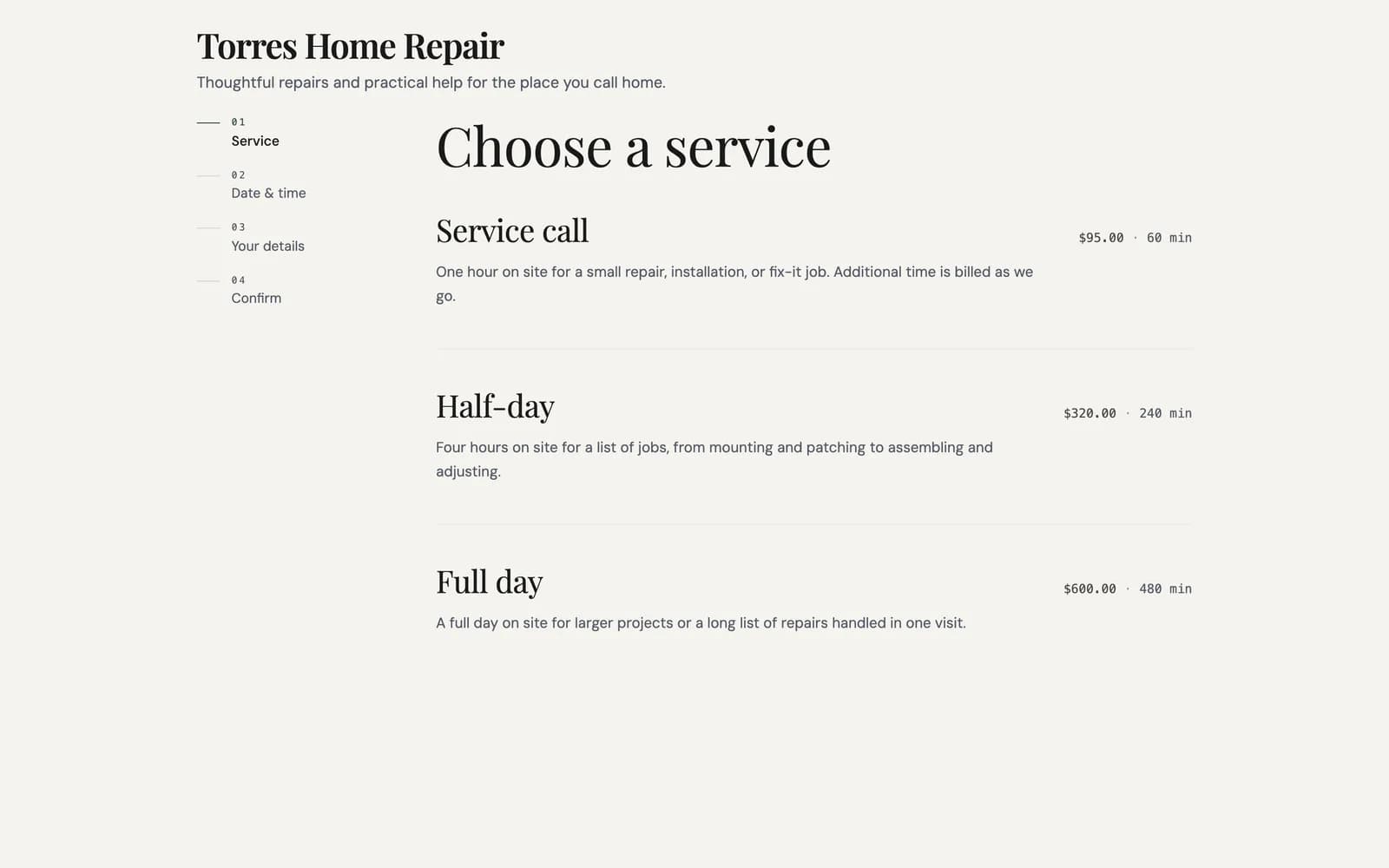 Torres Home Repair booking page with services, durations, and prices