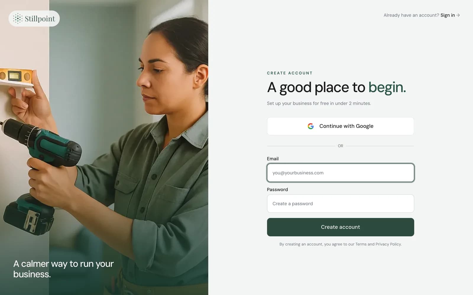 Stillpoint account signup for a handyman business