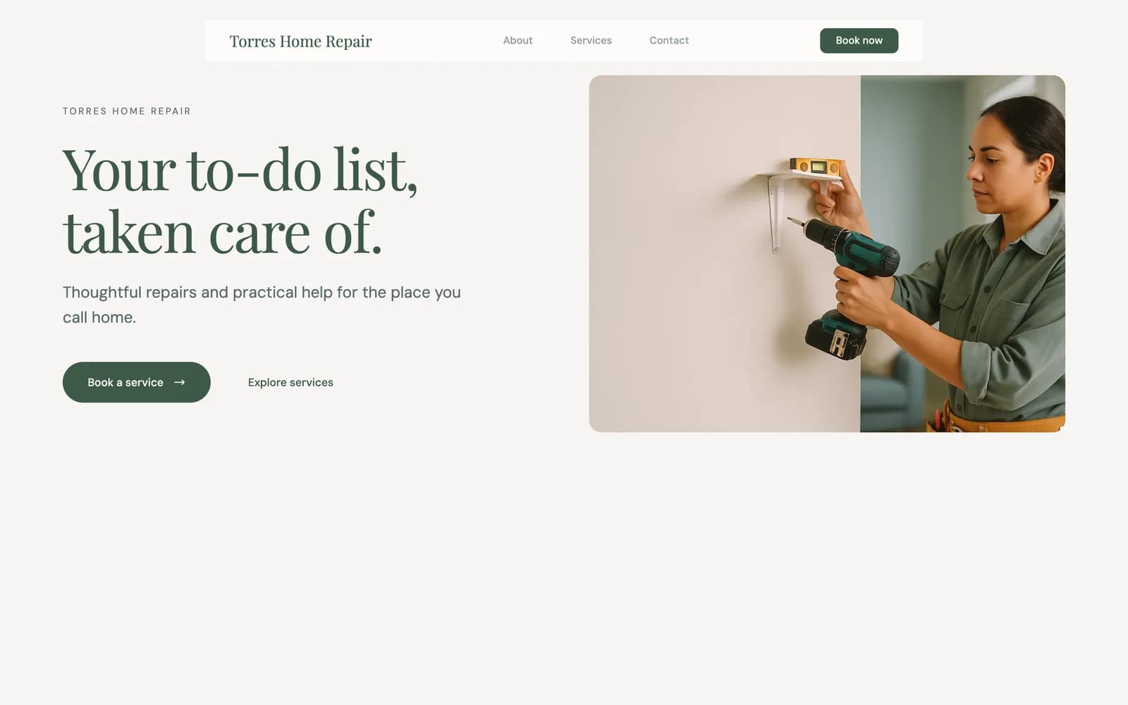 Torres Home Repair sample website with relevant imagery and online booking