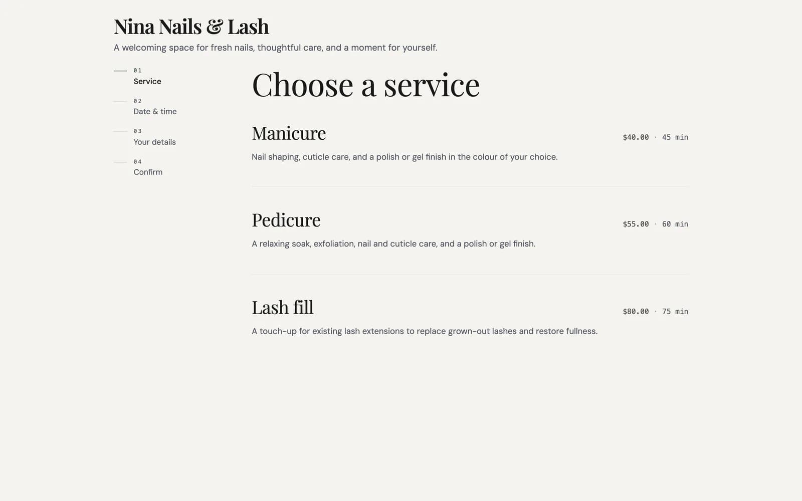 Nina Nails & Lash booking page with services, durations, and prices