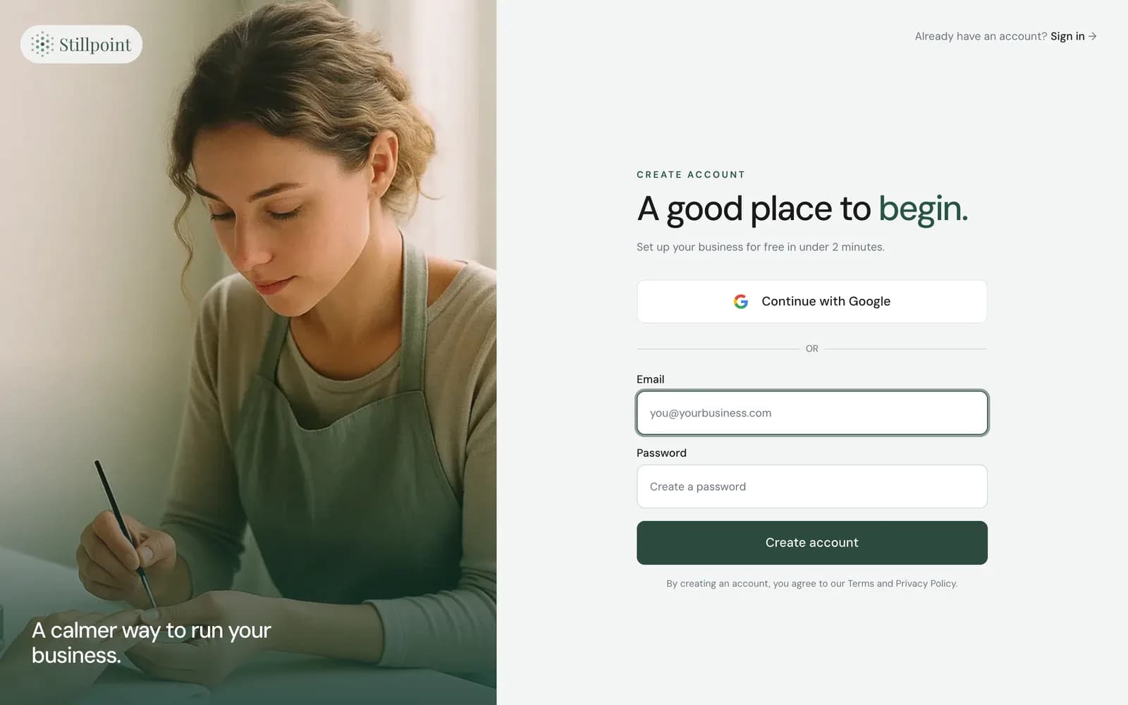 Stillpoint account signup for a nails business