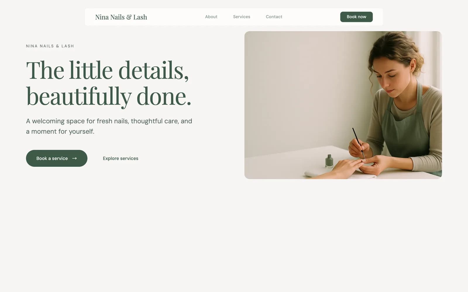 Nina Nails & Lash sample website with relevant imagery and online booking