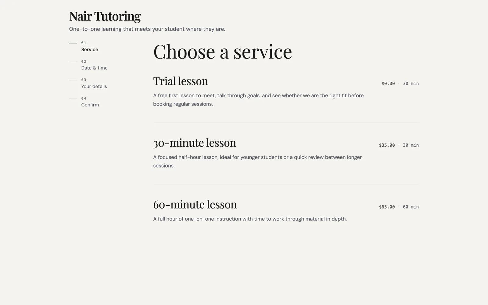 Nair Tutoring booking page with services, durations, and prices