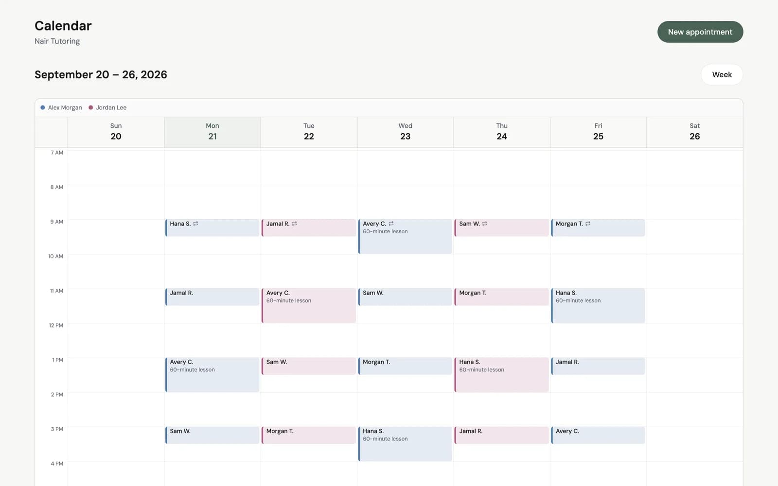Nair Tutoring weekly calendar with appointments for its services