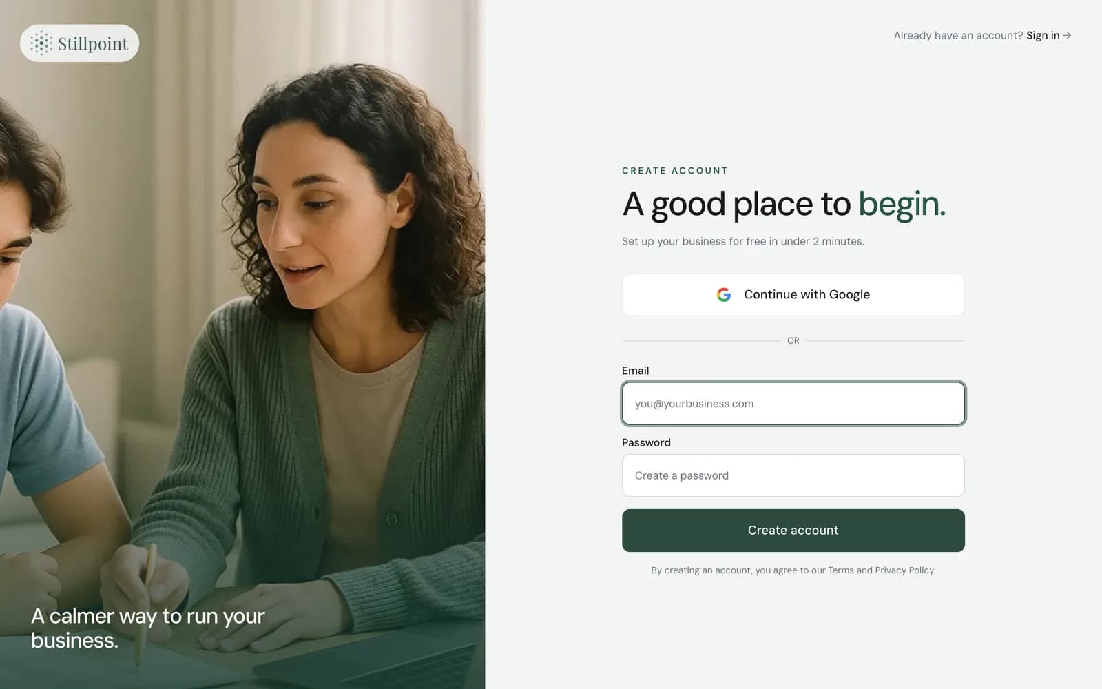 Stillpoint account signup for a tutoring business