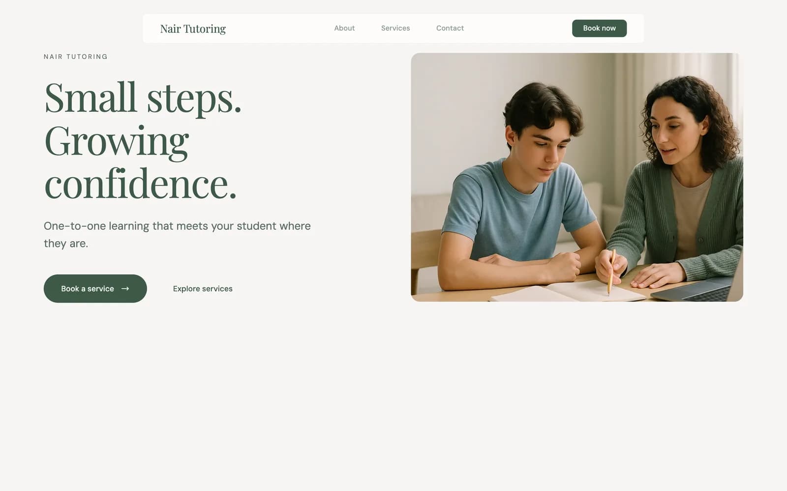 Nair Tutoring sample website with relevant imagery and online booking
