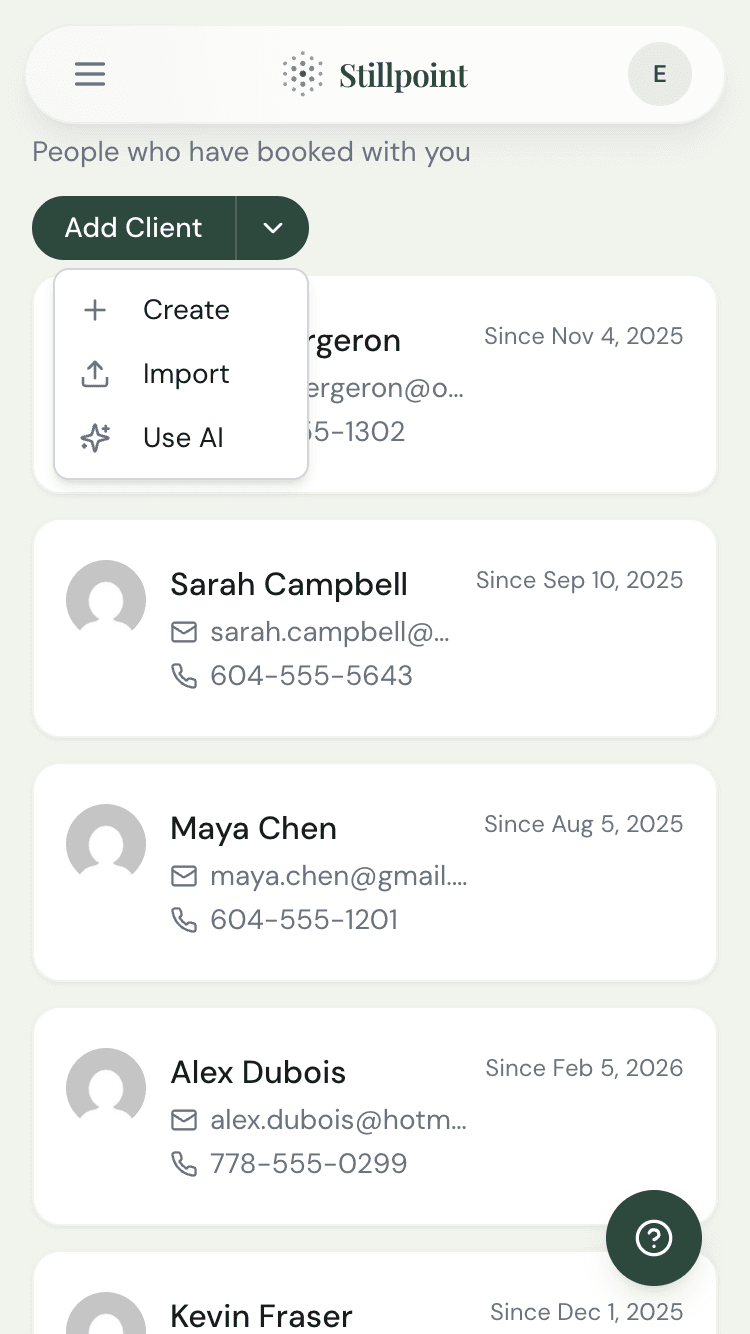 Client list — browse session history