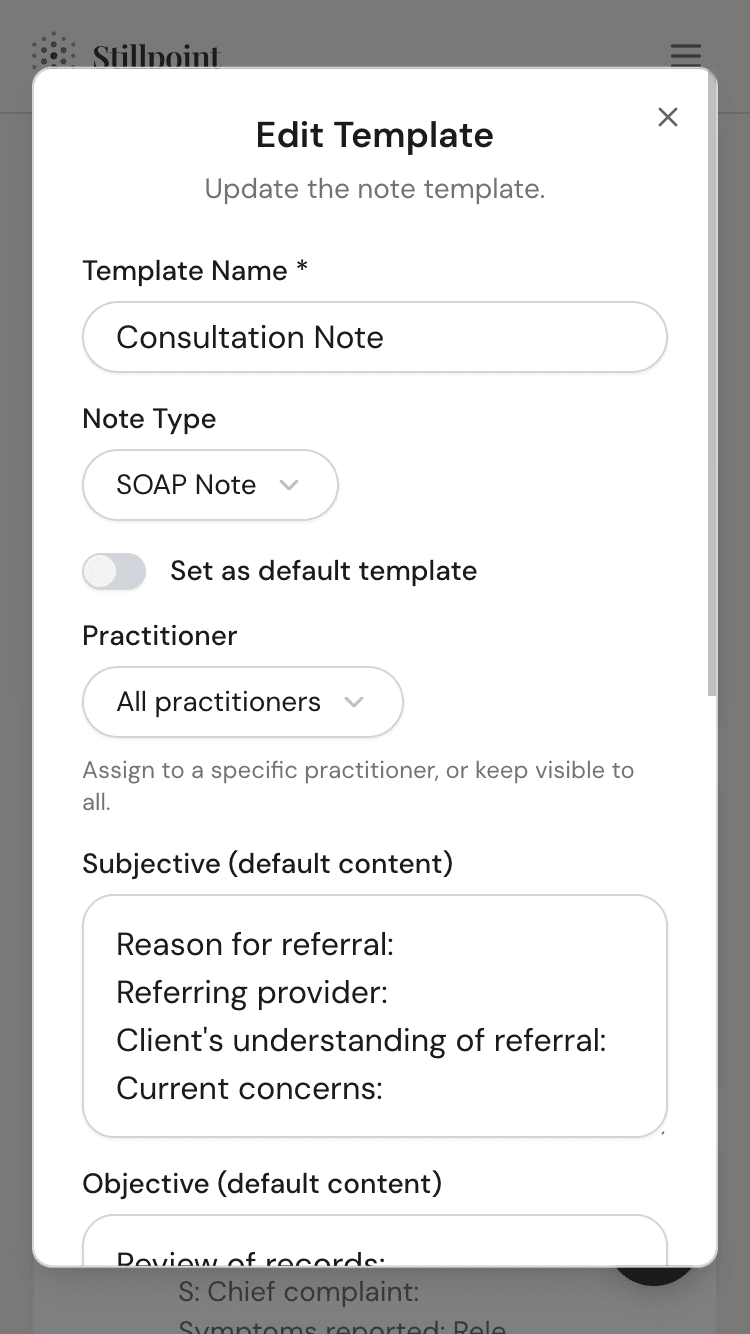 Editing a SOAP note template