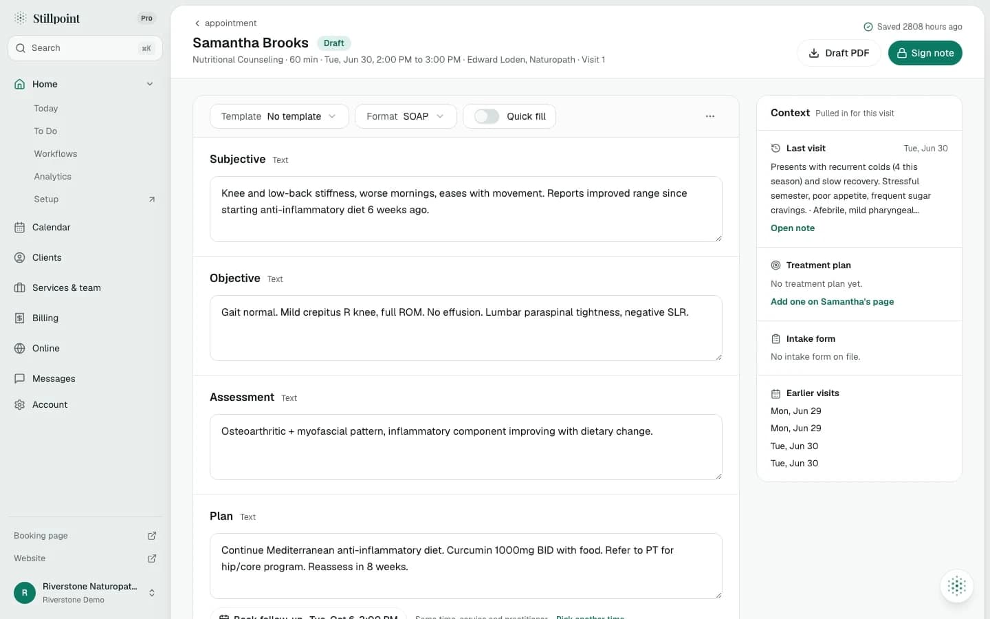 A draft SOAP note in the note workspace: subjective, objective, assessment and plan filled in, with the visit's context beside it