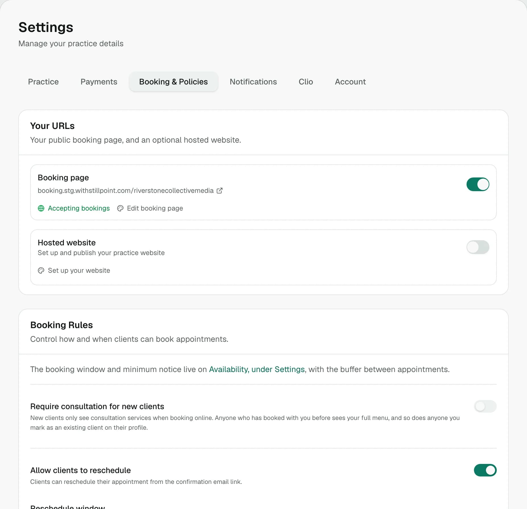 Settings, Booking & Policies: the booking page URL, booking rules, consultations for new clients, and whether clients may reschedule