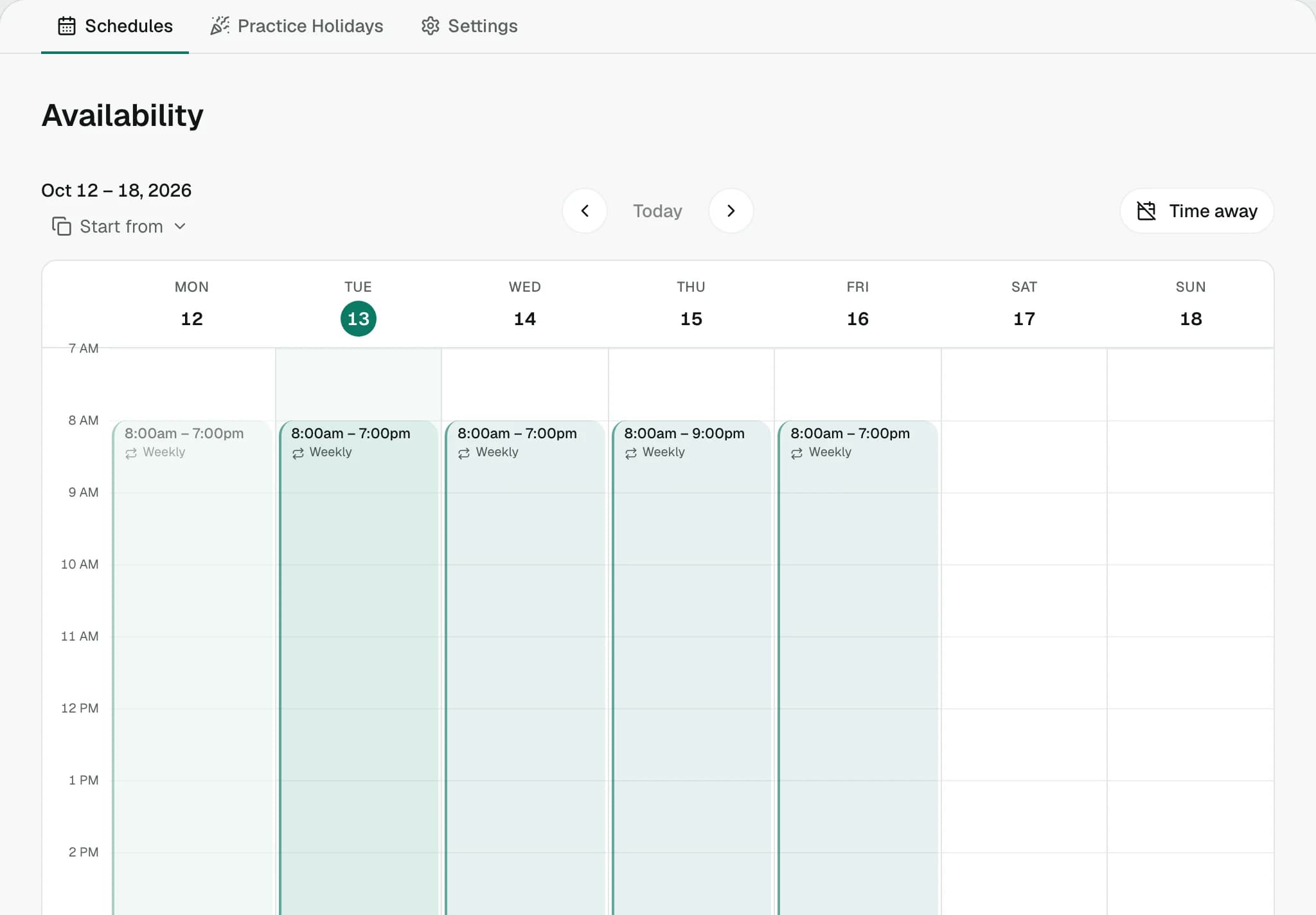 A practitioner's Availability page: this week's recurring hours, day by day, with Practice Holidays and Time away
