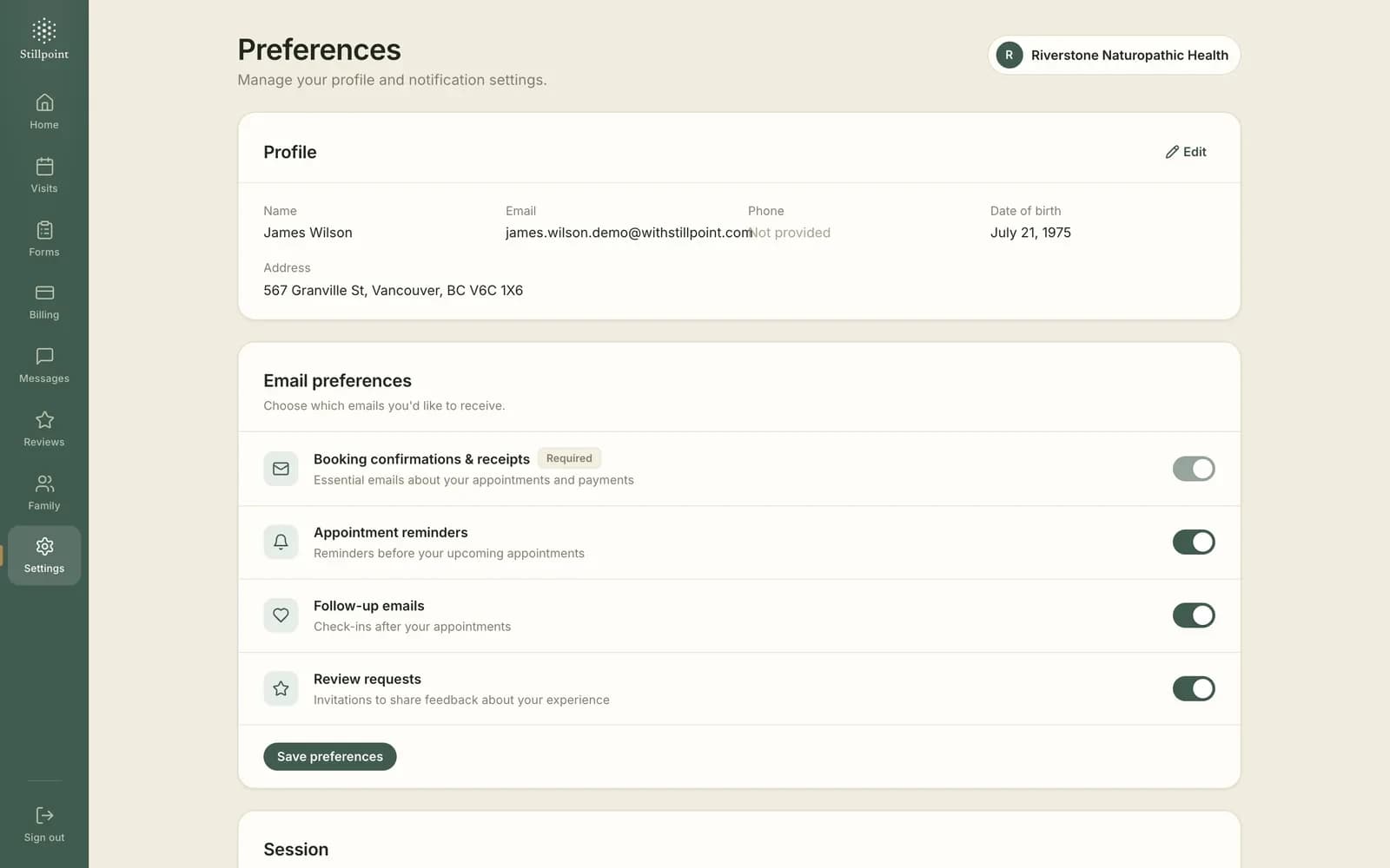 Email preferences in the client portal: booking confirmations are required, and appointment reminders, follow-up emails and review requests each have their own switch
