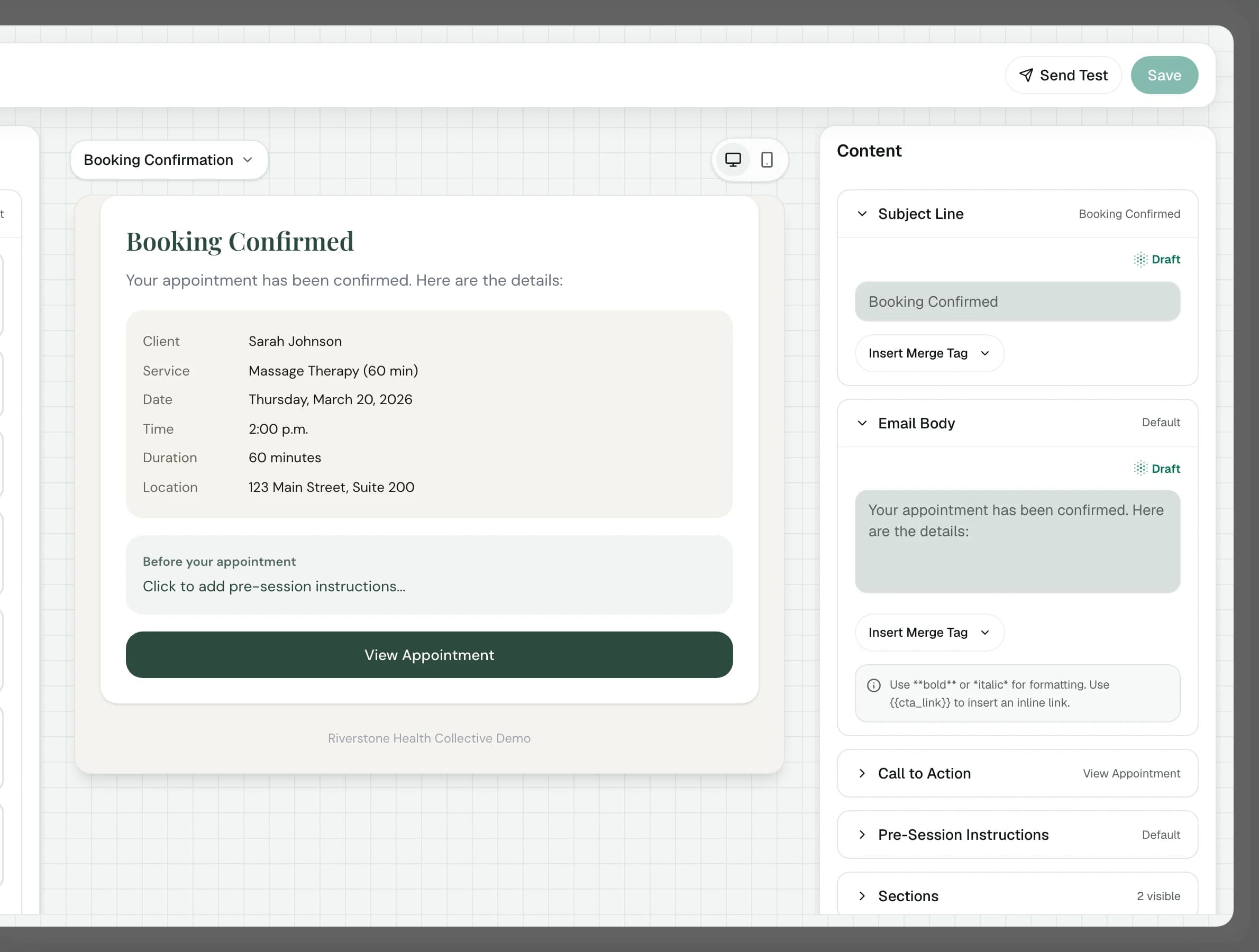 The email editor showing Booking Confirmed: the visit's details in a branded email, themes on the left and the content on the right