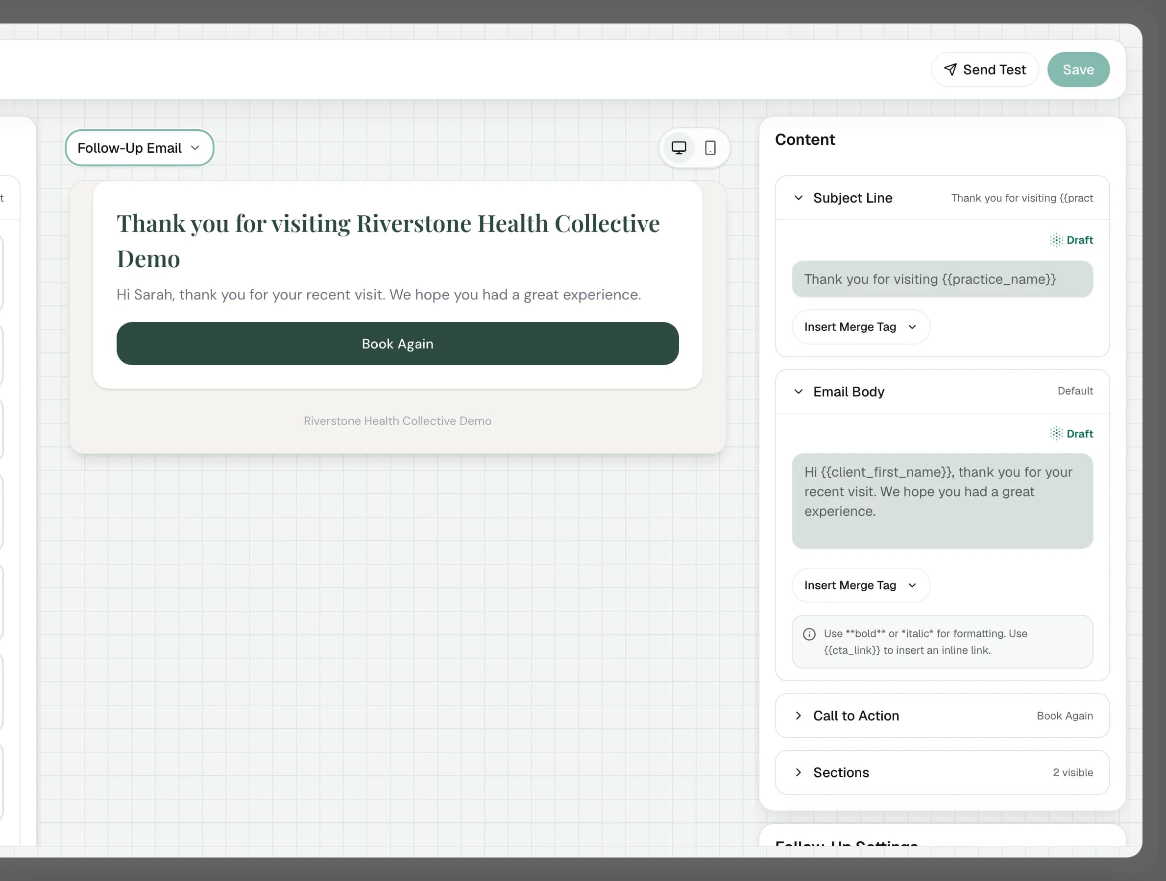 Editing the Follow-Up Email: subject and body with merge tags, a Book Again button, and a live preview