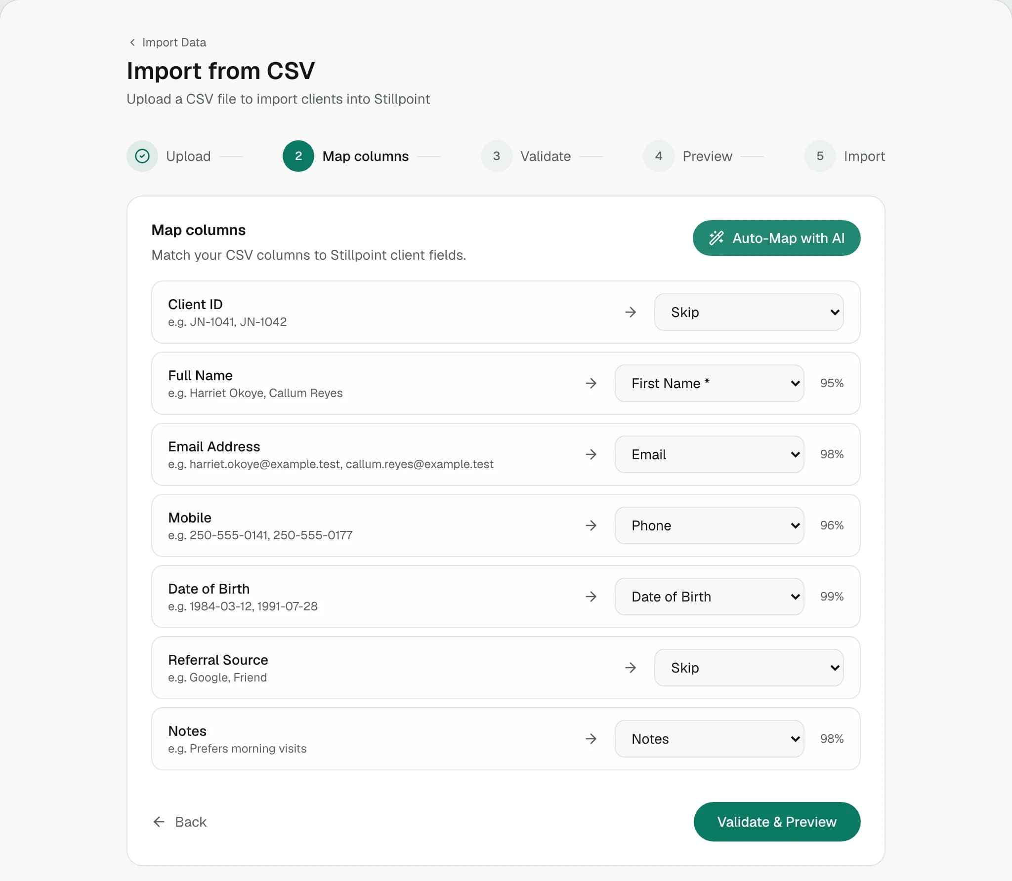 Import from CSV, Map columns step: each column of an exported client list matched to a Stillpoint field with a confidence score, and Auto-Map with AI