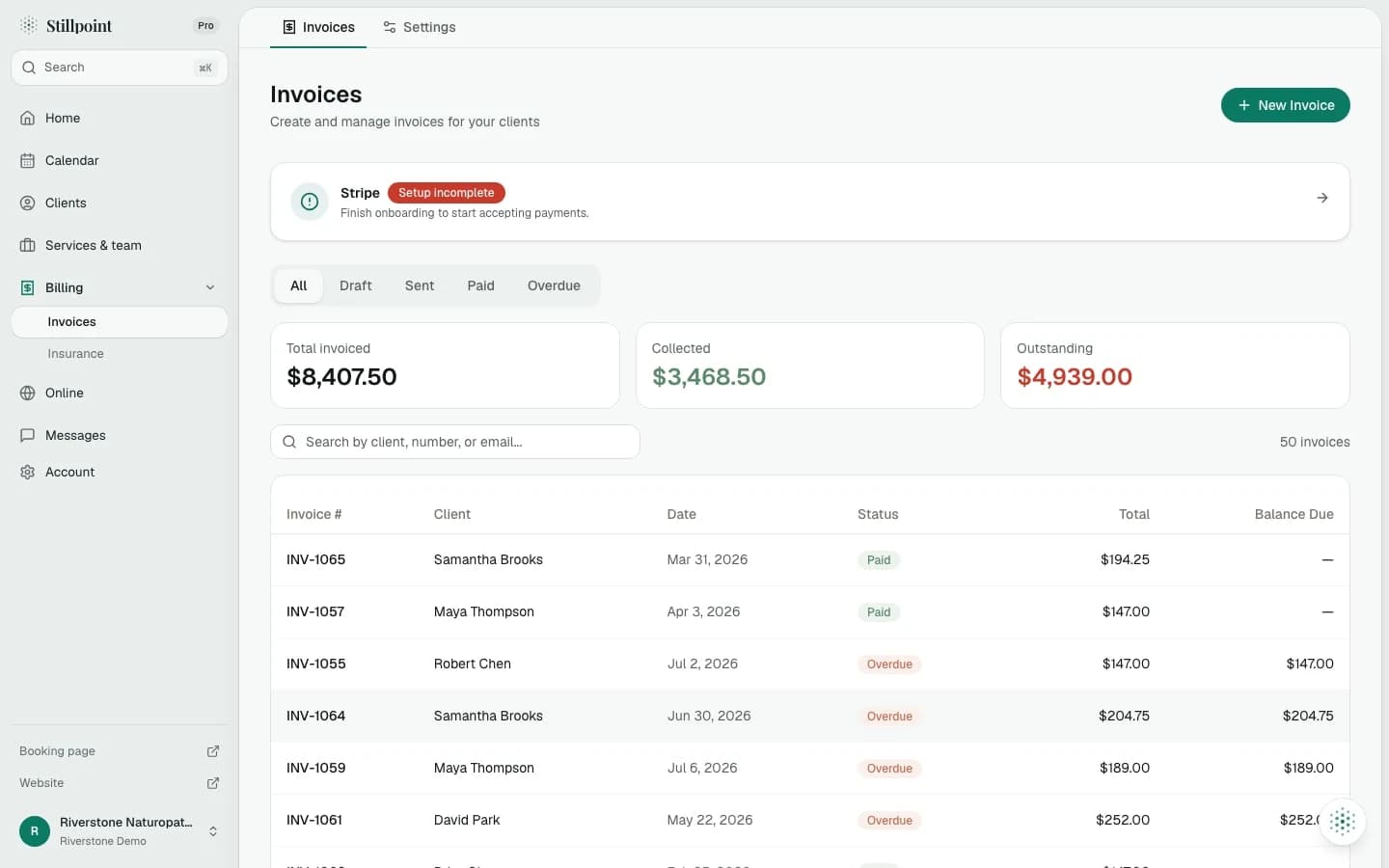 The Invoices page: totals invoiced, collected and outstanding, and the invoice list with paid and overdue statuses