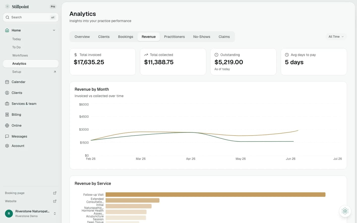 Analytics, Revenue tab: total invoiced, collected and outstanding, revenue by month and revenue by service