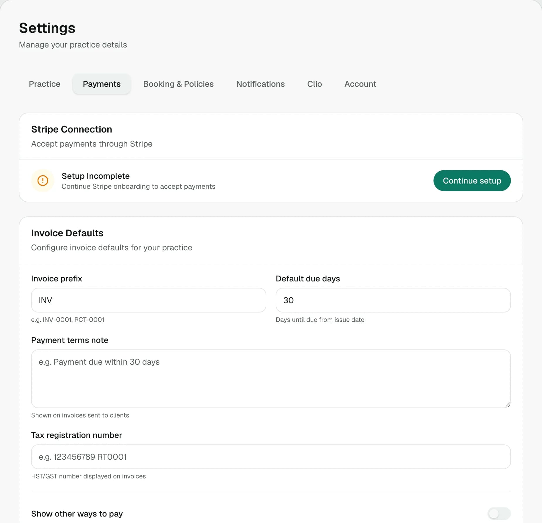 Settings, Payments tab: how clients pay at booking, invoice defaults and tax rates