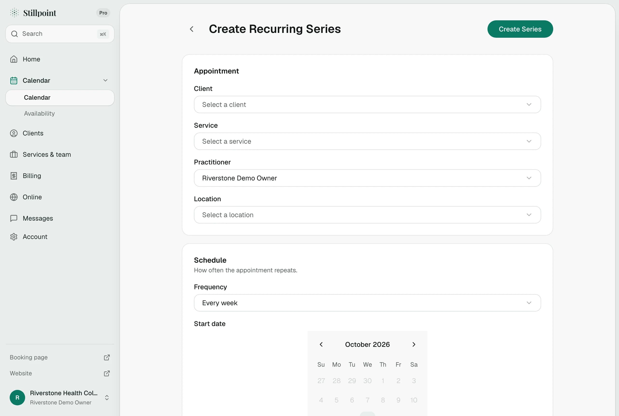 Create Recurring Series: client, service, practitioner and location, then how often it repeats and the start date