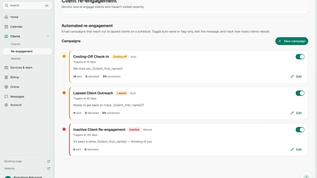 Automated re-engagement campaigns: Cooling-Off Check-In at 15 days, Lapsed Client Outreach at 45 and Inactive Client Re-engagement at 120, each with emails sent