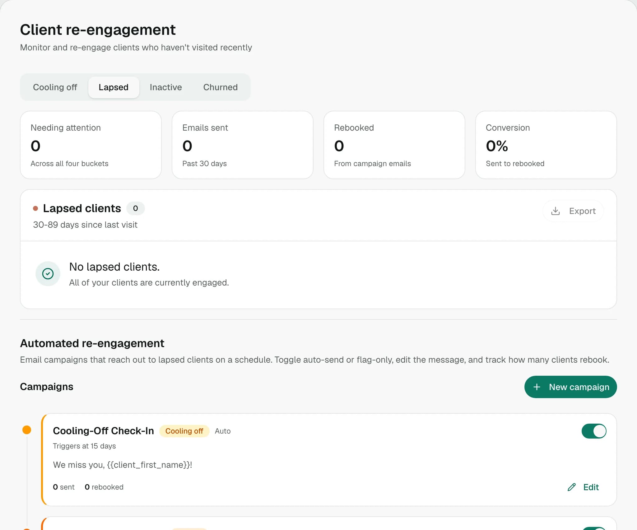 Client re-engagement: cooling off, lapsed, inactive and churned tabs, with clients needing attention, emails sent, rebooked and conversion