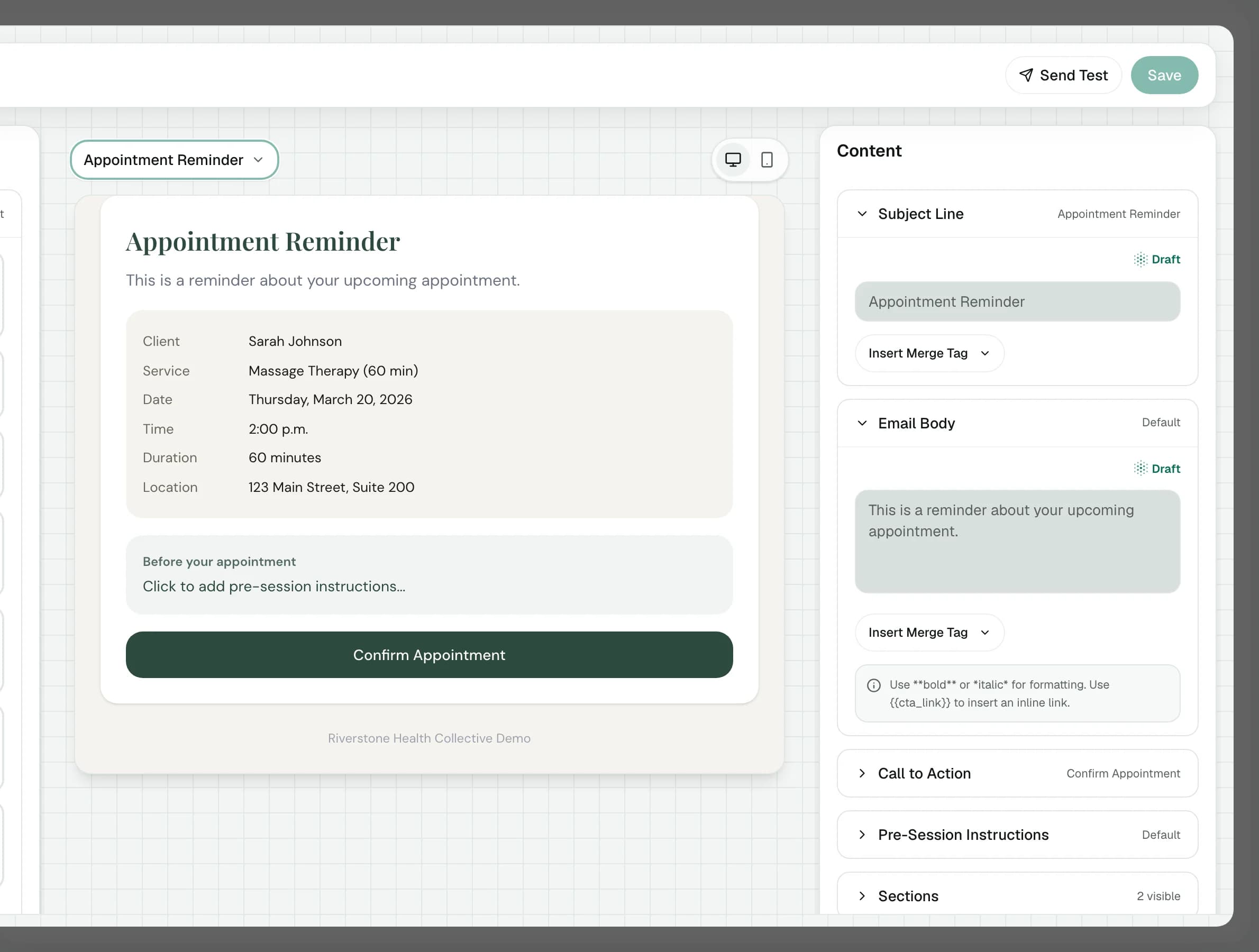 The email editor showing the Appointment Reminder email with the visit's details and a confirm button