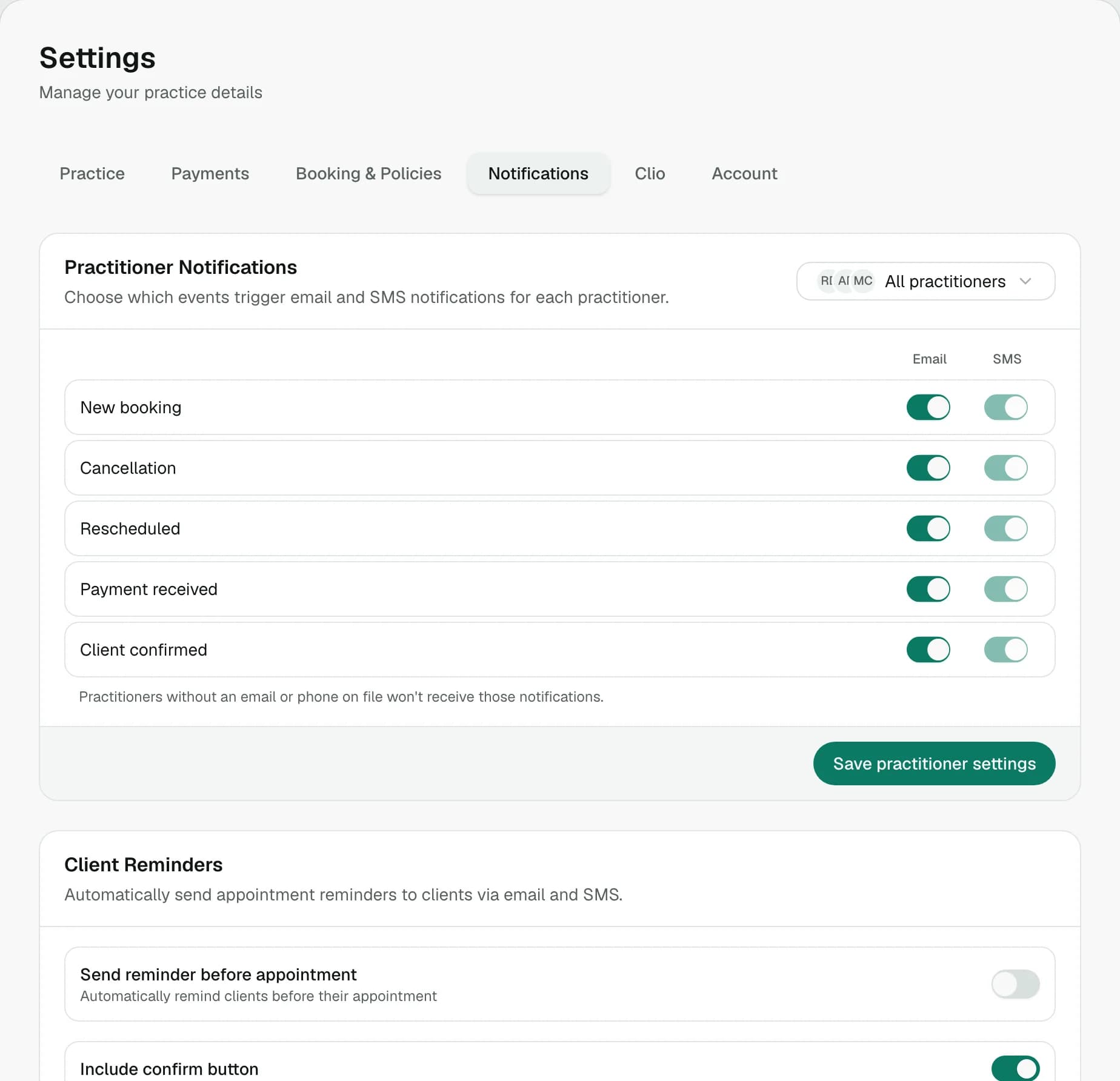 Settings, Notifications tab: email and SMS switches for each practitioner event, then the client reminder settings