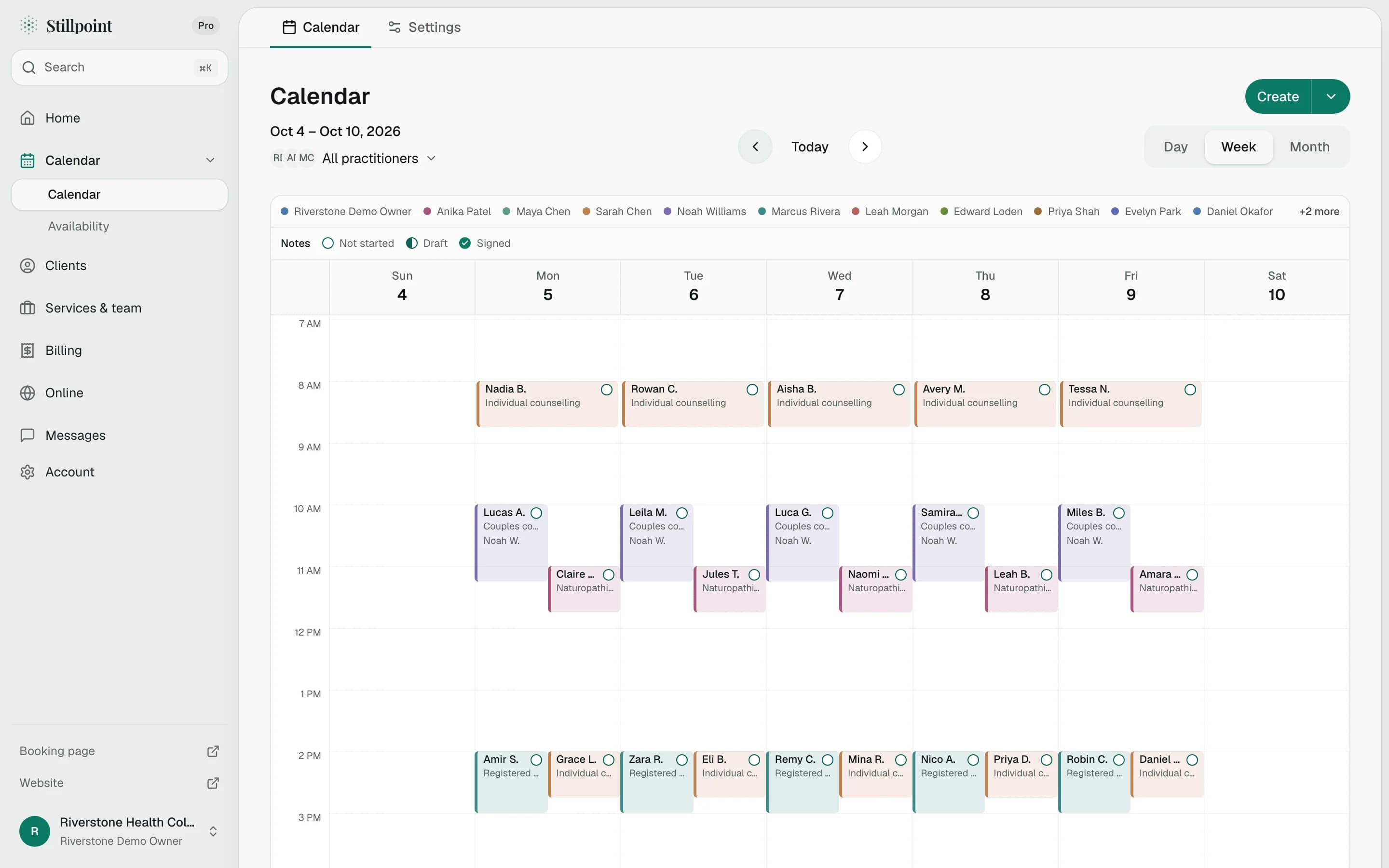 The practice calendar for one week, every practitioner's appointments in their own colour