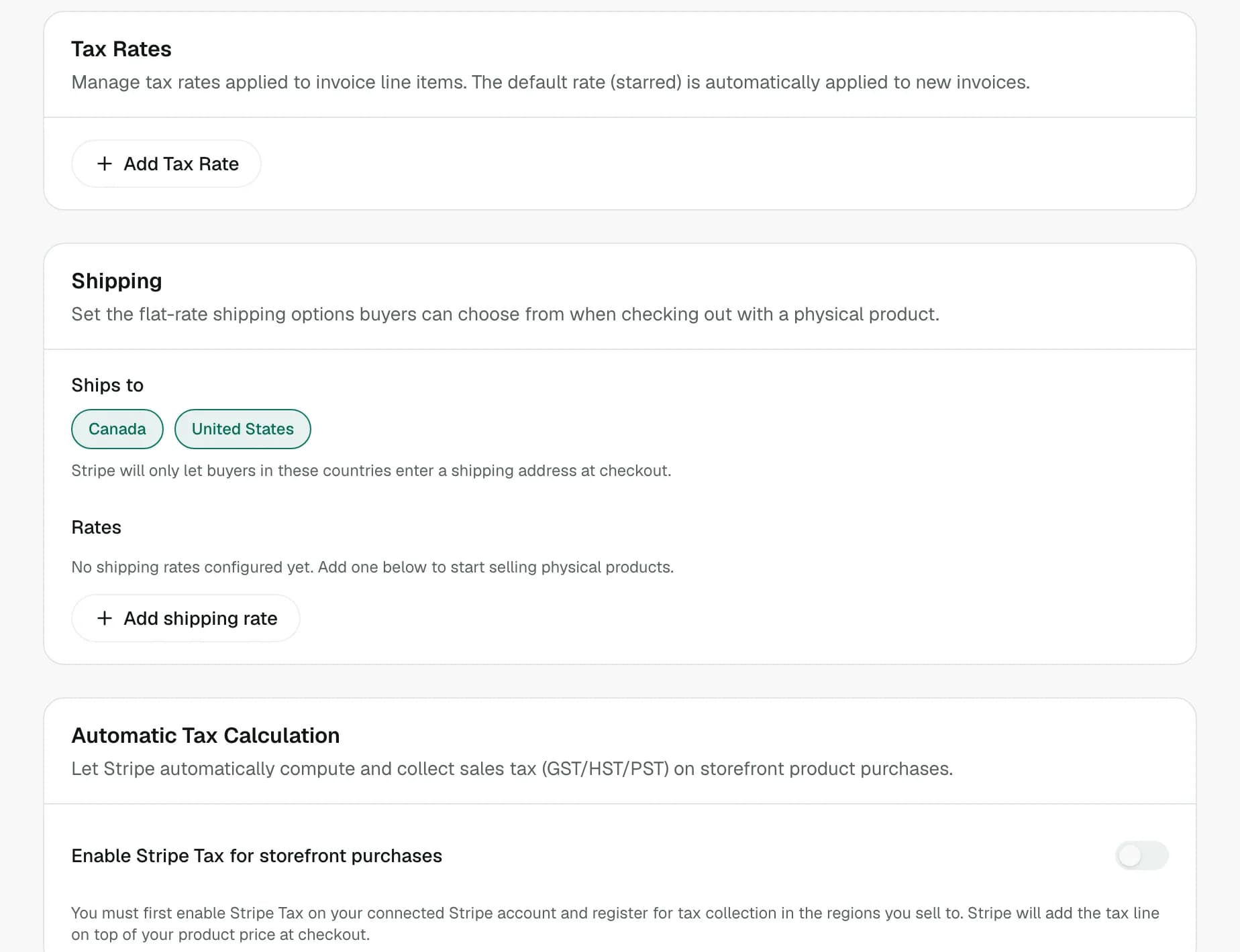 Settings, Payments tab: tax rates, the countries you ship to and flat shipping rates, and Stripe Tax for storefront purchases
