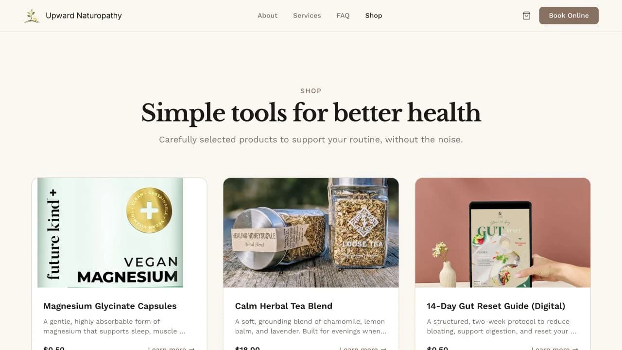 A practice website's Shop page: capsules, a loose-leaf tea blend and a digital guide, each with a photo, description and price