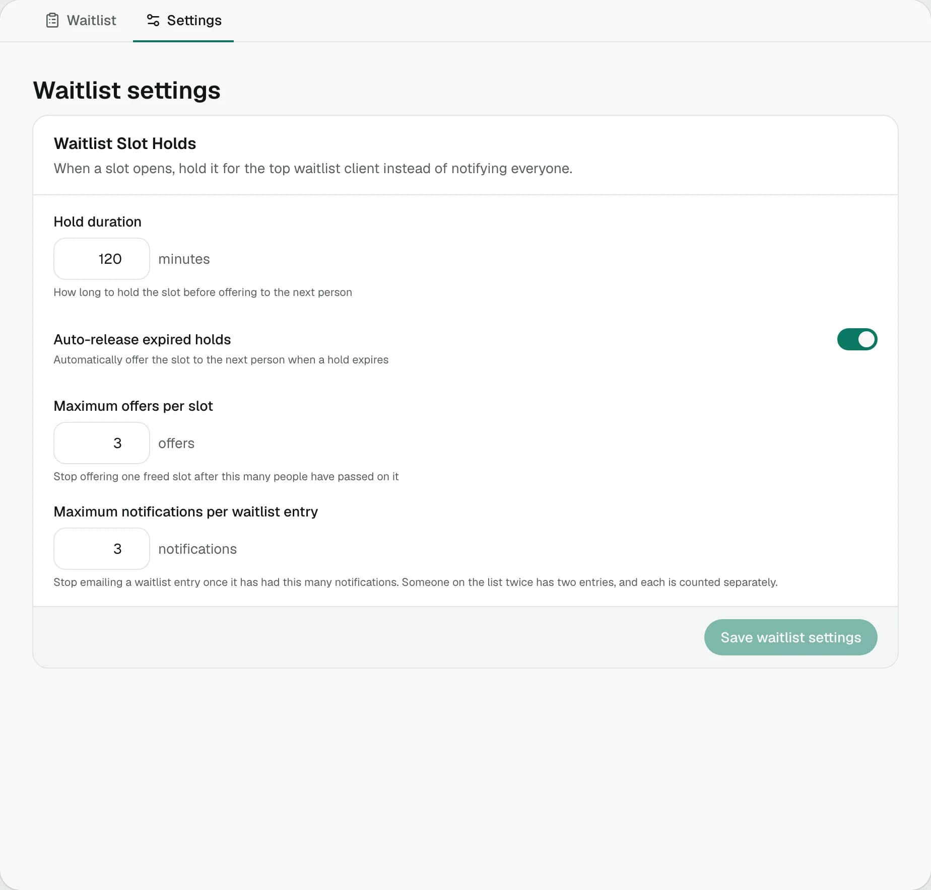 Waitlist settings: how long an opened slot is held for the next person, auto-release, and offer limits