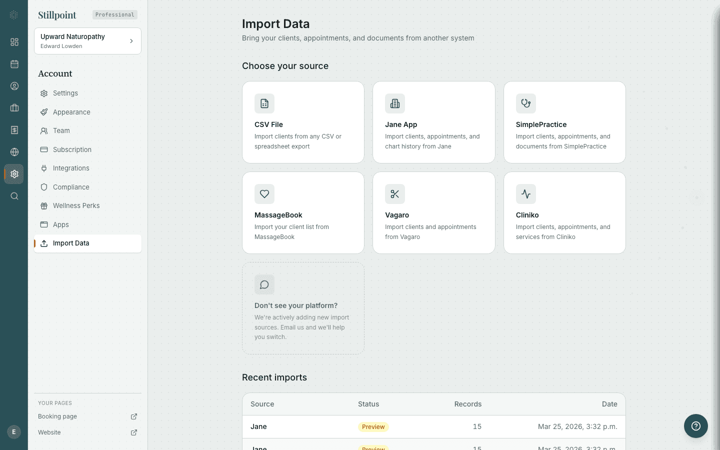 Stillpoint import screen with options for CSV, Jane, SimplePractice, MassageBook, Vagaro, and Cliniko