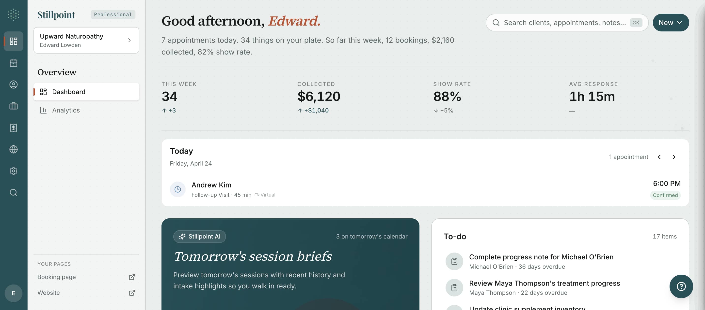 Stillpoint admin dashboard showing today's schedule, revenue, and AI session briefs