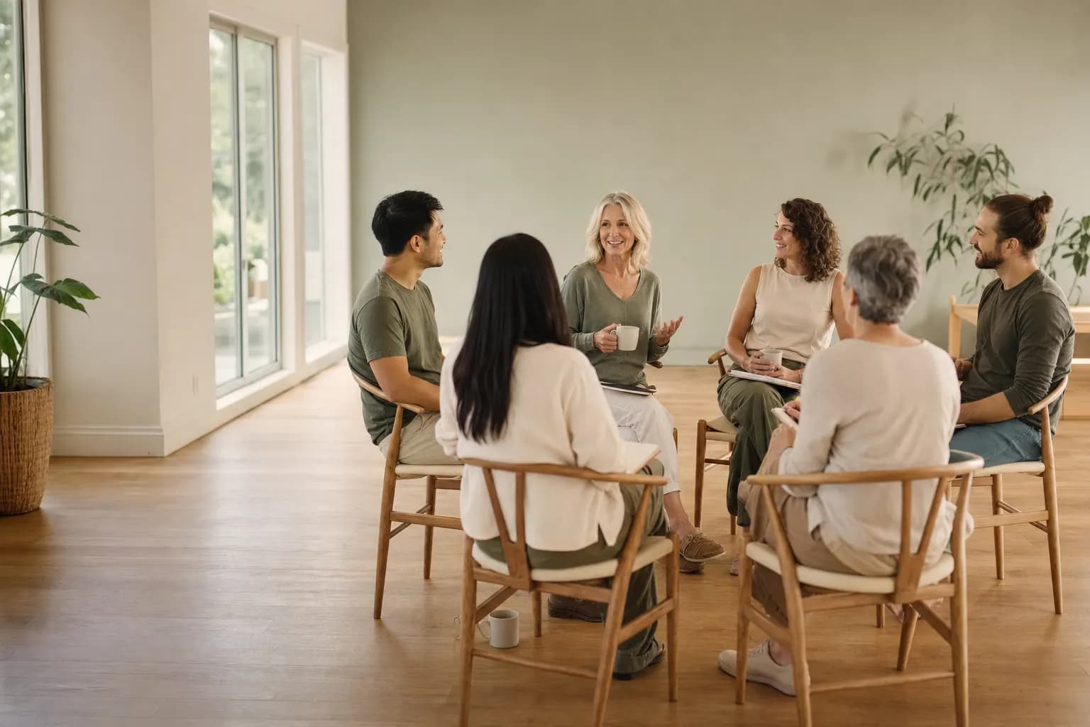 Six wellness practitioners seated in a circle of wooden chairs in a sunlit studio, listening to a colleague