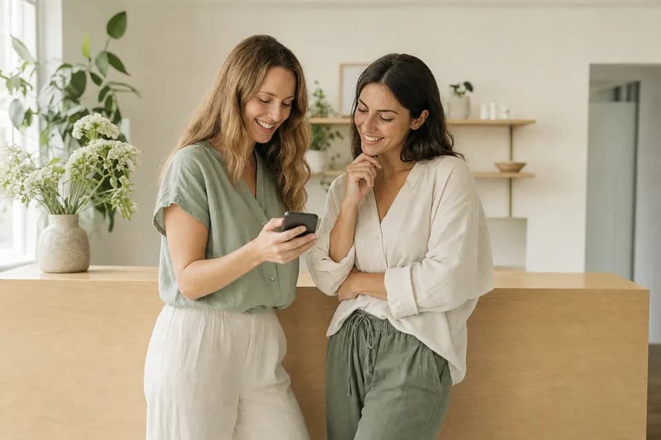Two practitioners at a clinic front desk smiling at something on a phone