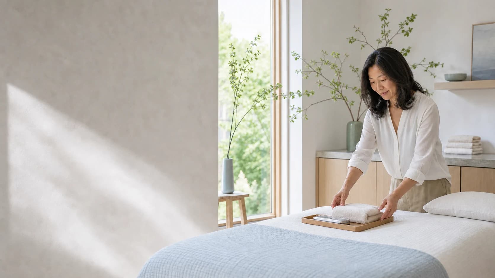 Illustration of an acupuncturist placing needles during a calm treatment session