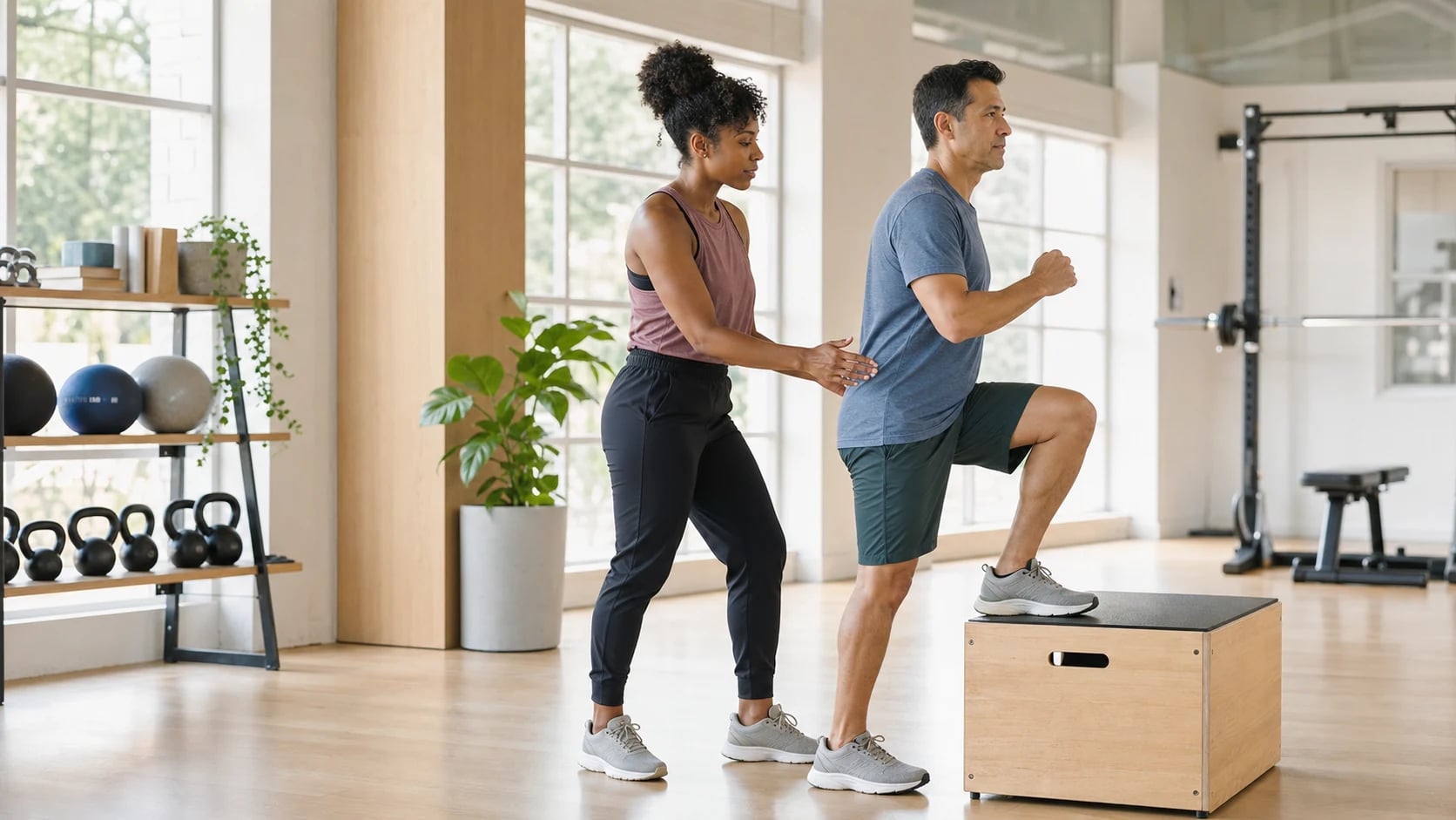A personal trainer coaching a client through a controlled movement exercise
