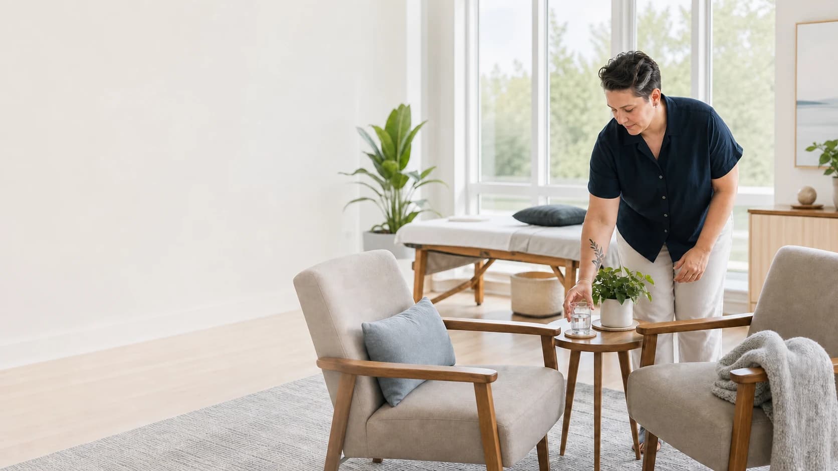 Illustration of a wellness practitioner in a calm treatment space