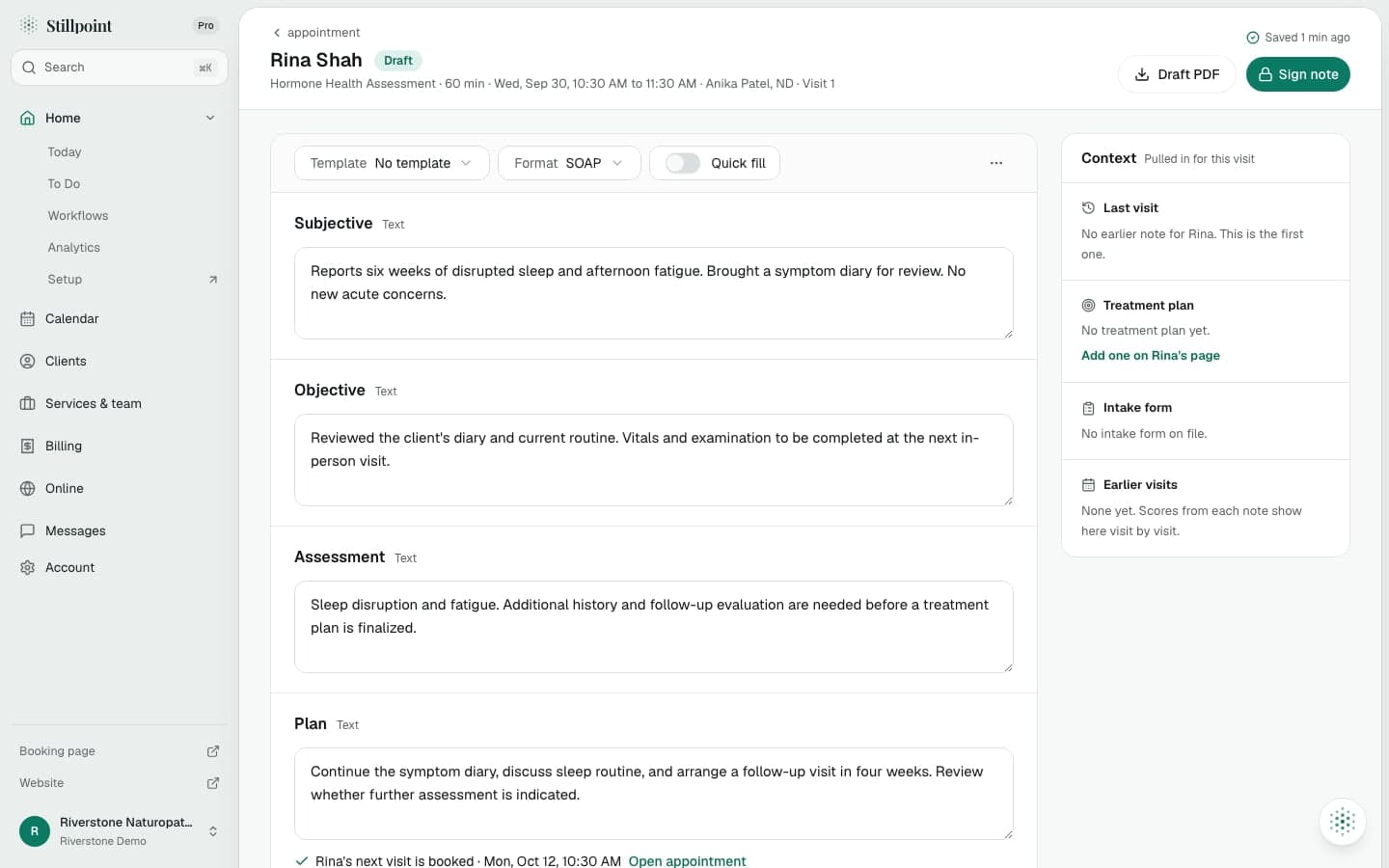 Current Riverstone SOAP note draft with Subjective, Objective, Assessment, and Plan sections