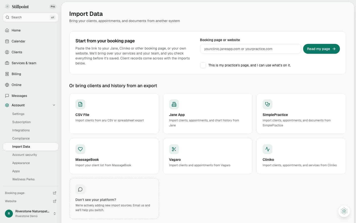Stillpoint import screen inviting a practice to start from its existing website or booking page