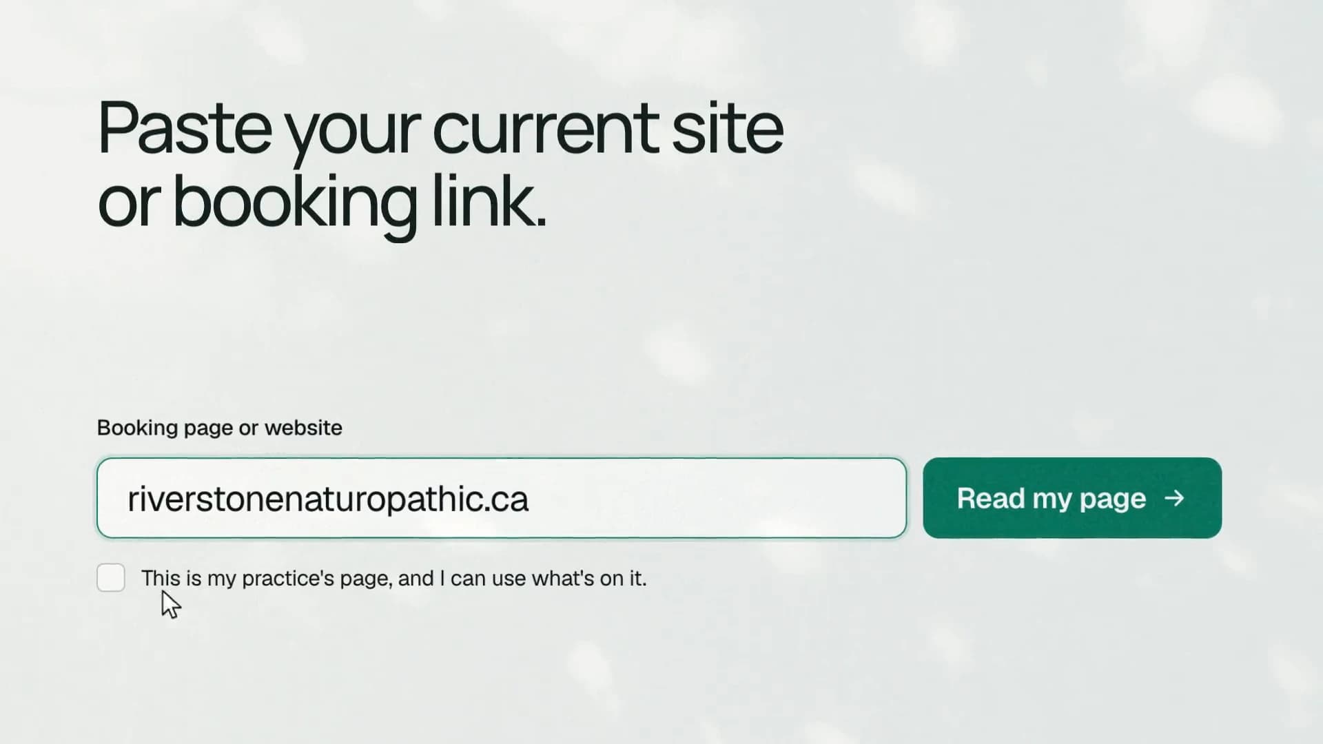 Close-up of the Stillpoint booking-link field filled with a fictional Riverstone practice website and the Read my page action