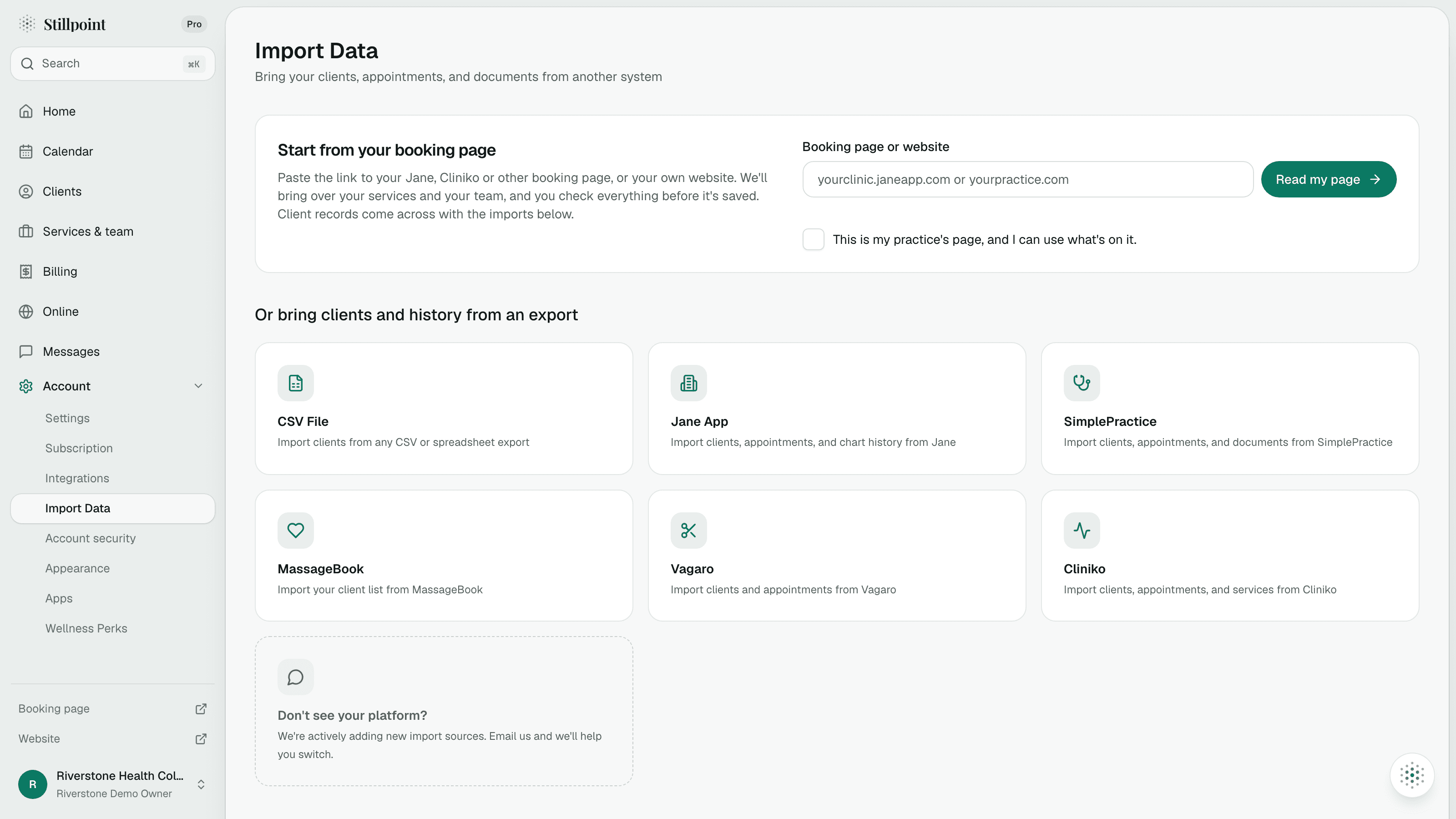 Stillpoint import overview with options to bring over a booking page, clients, appointments, and documents