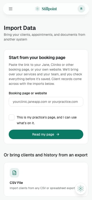 Current import screen where a practice starts from its website or booking page