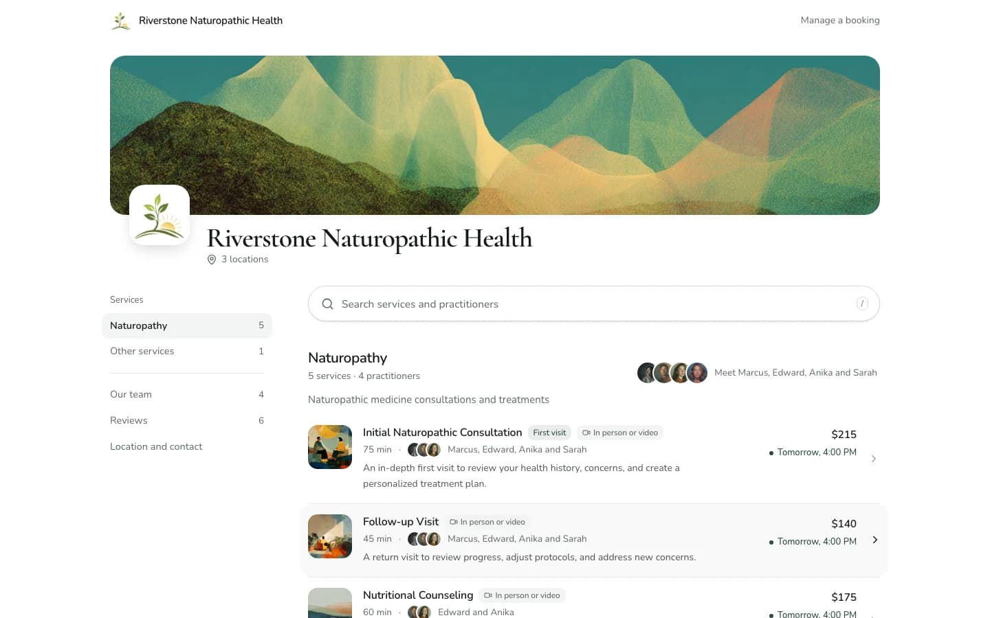 Riverstone booking page with its illustrated banner, services, practitioners, and next available appointments