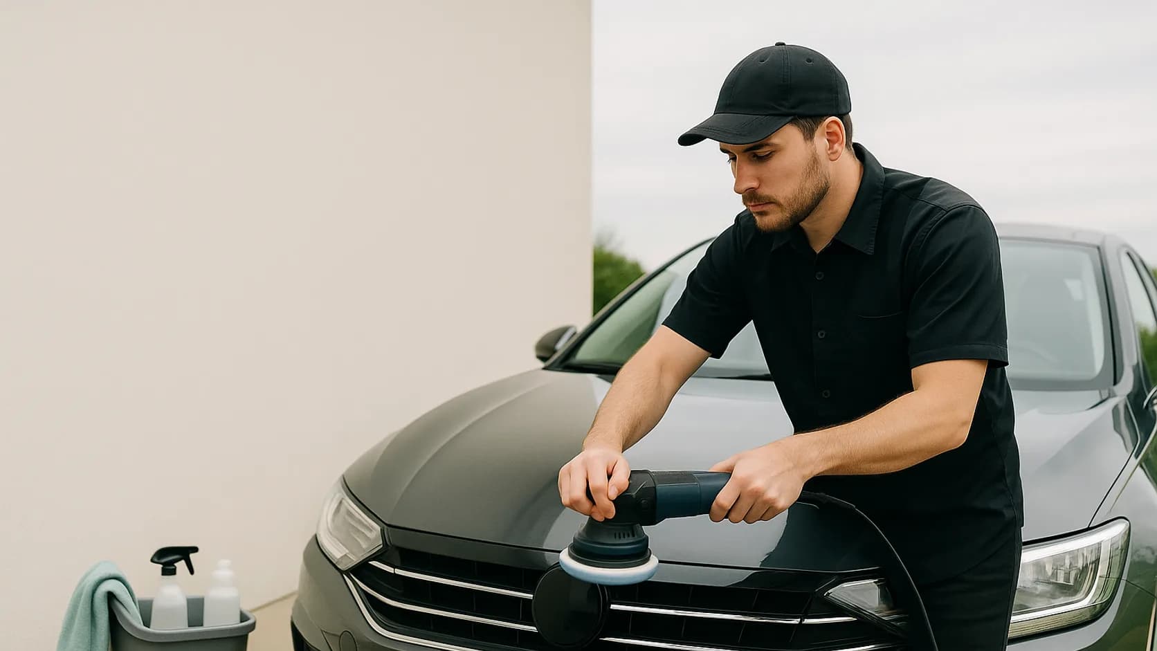 A mobile car detailer polishing the hood of a dark grey sedan in a bright driveway