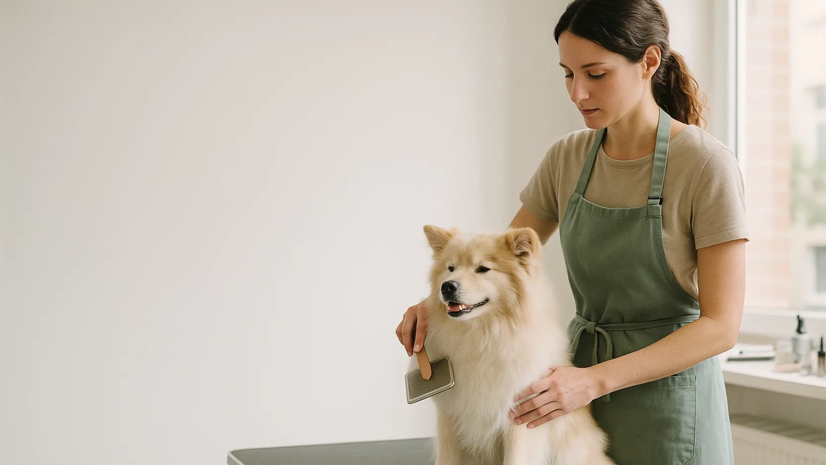 A dog groomer gently brushing a fluffy dog on a grooming table in a bright studio
