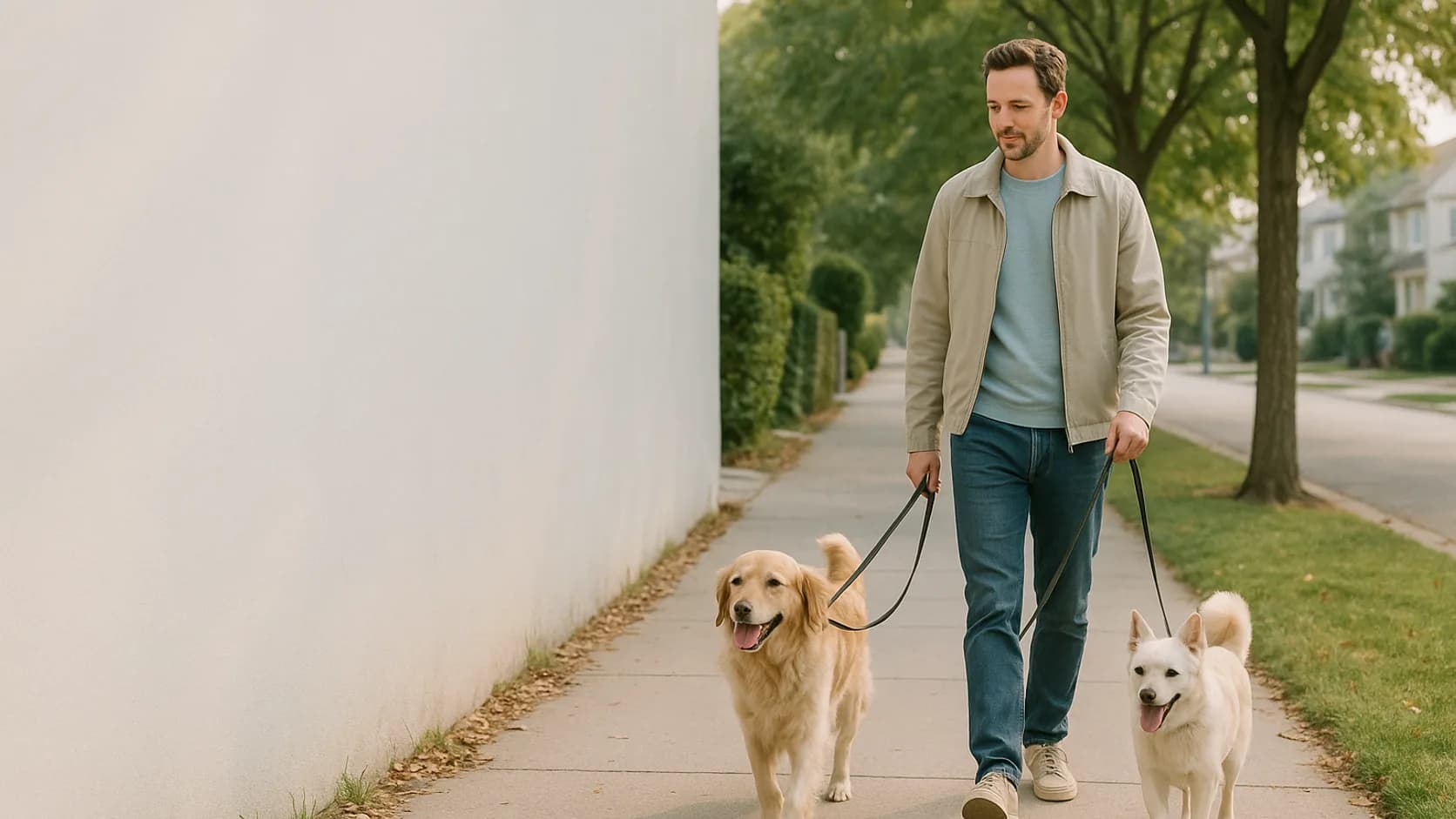 A dog walker with two happy dogs on a quiet tree-lined sidewalk in morning light