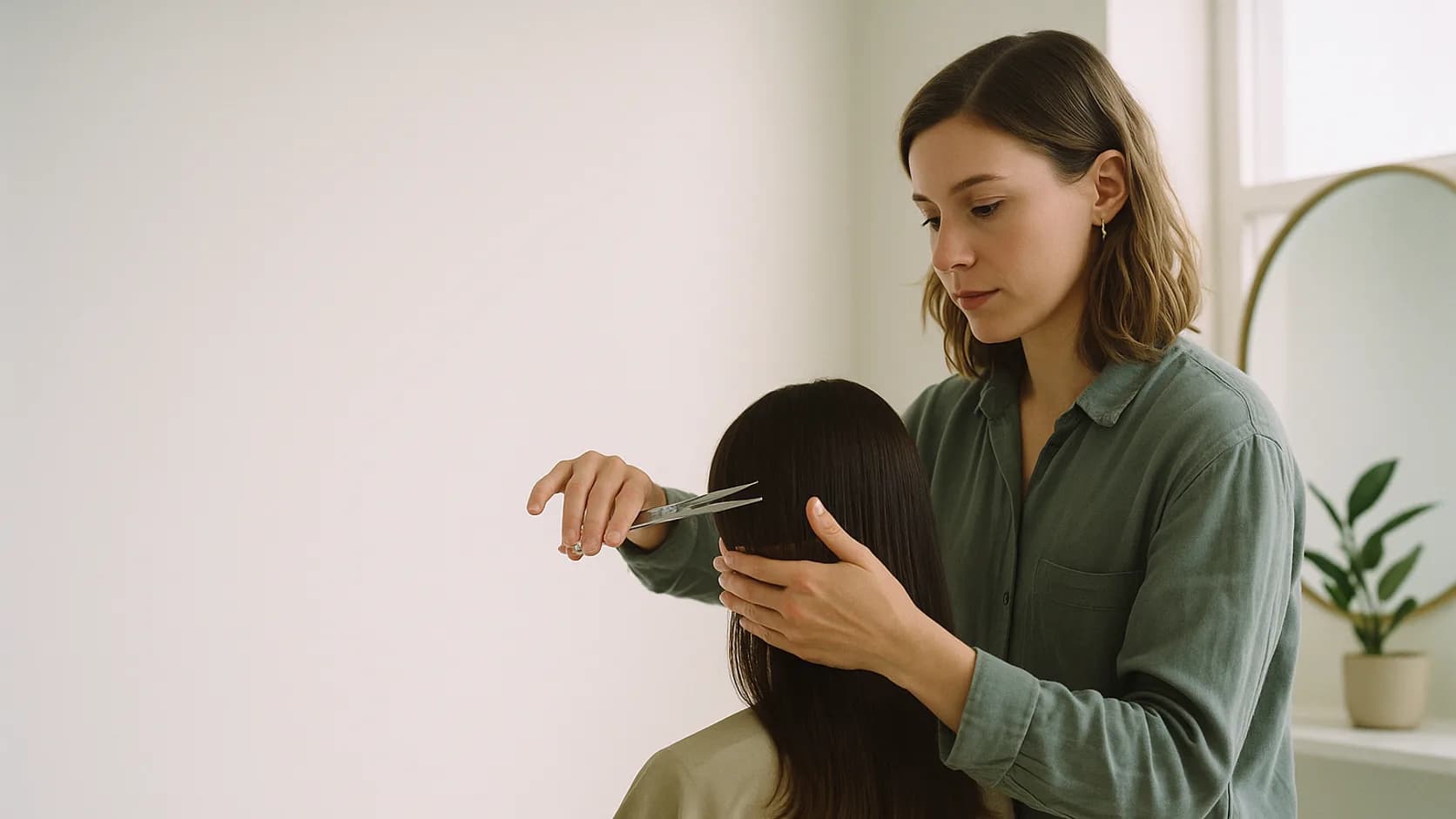 A hair stylist trimming a client's hair in a bright, minimal salon