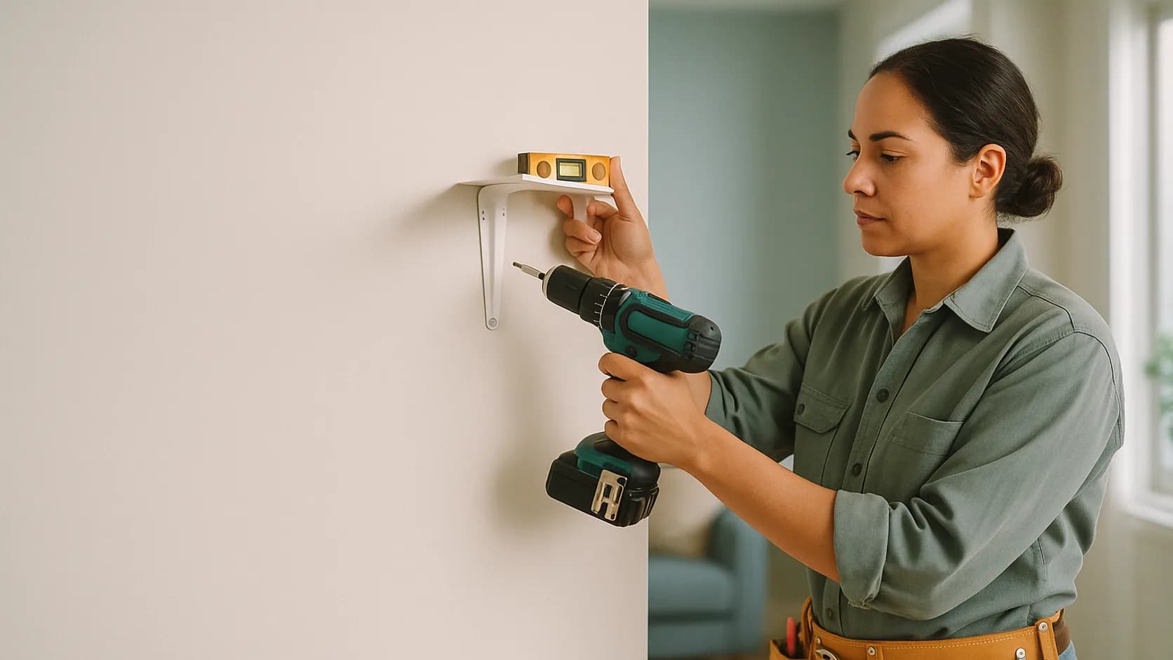 A handyperson fitting a shelf bracket on a pale wall in a bright home